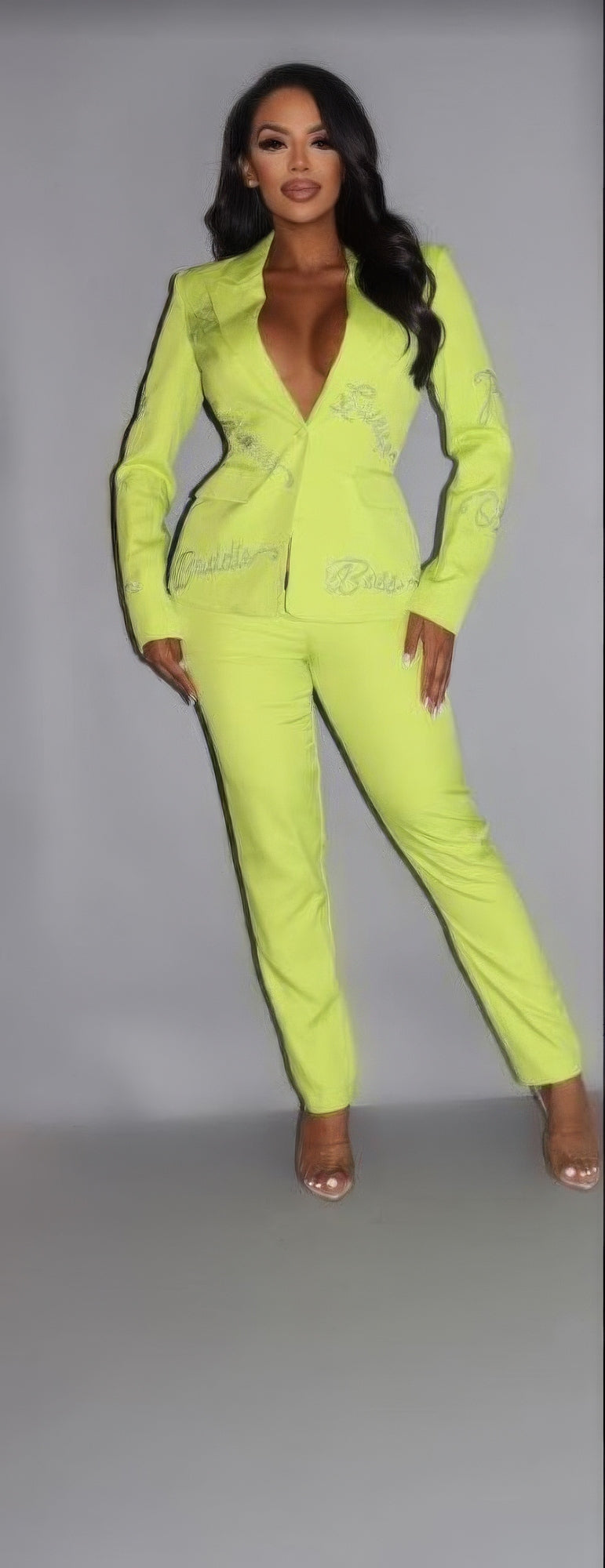 2 Piece Powersuit Blazer & Pants Set With Rhinestone Letterings On Blazer - Supreme Deals