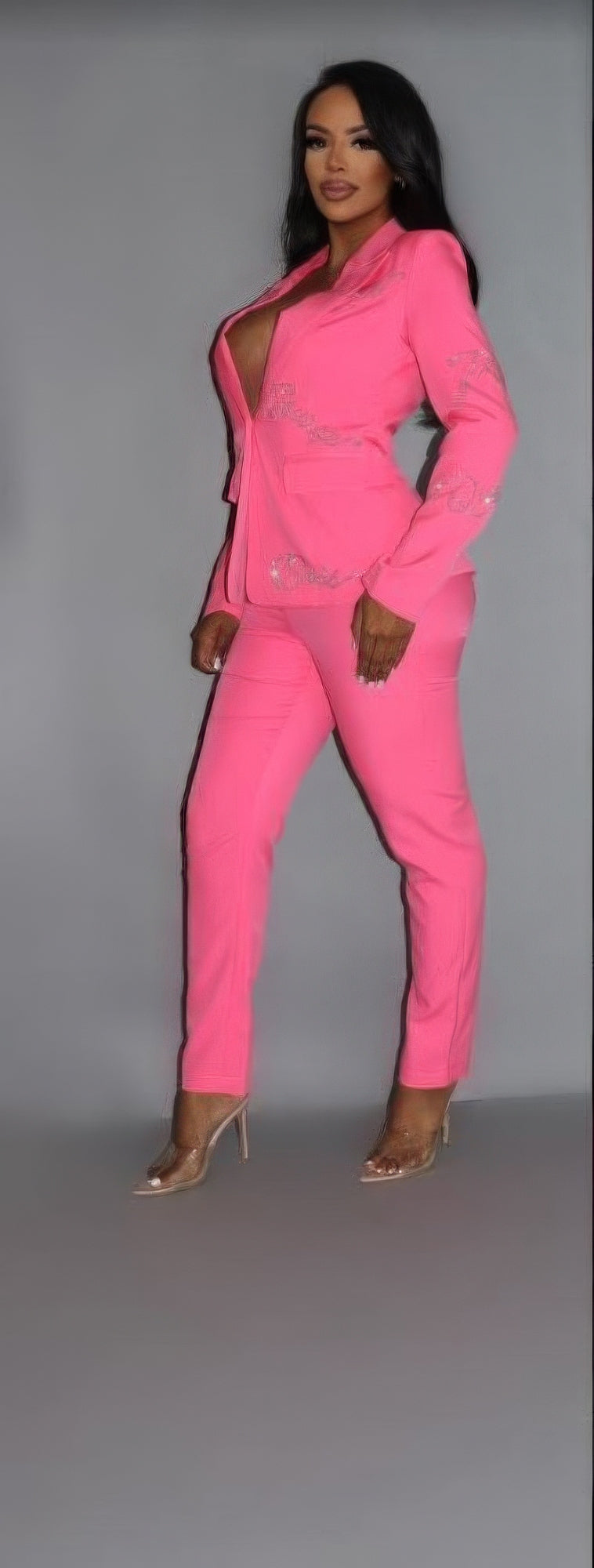 2 Piece Powersuit Blazer & Pants Set With Rhinestone Letterings On Blazer - Supreme Deals