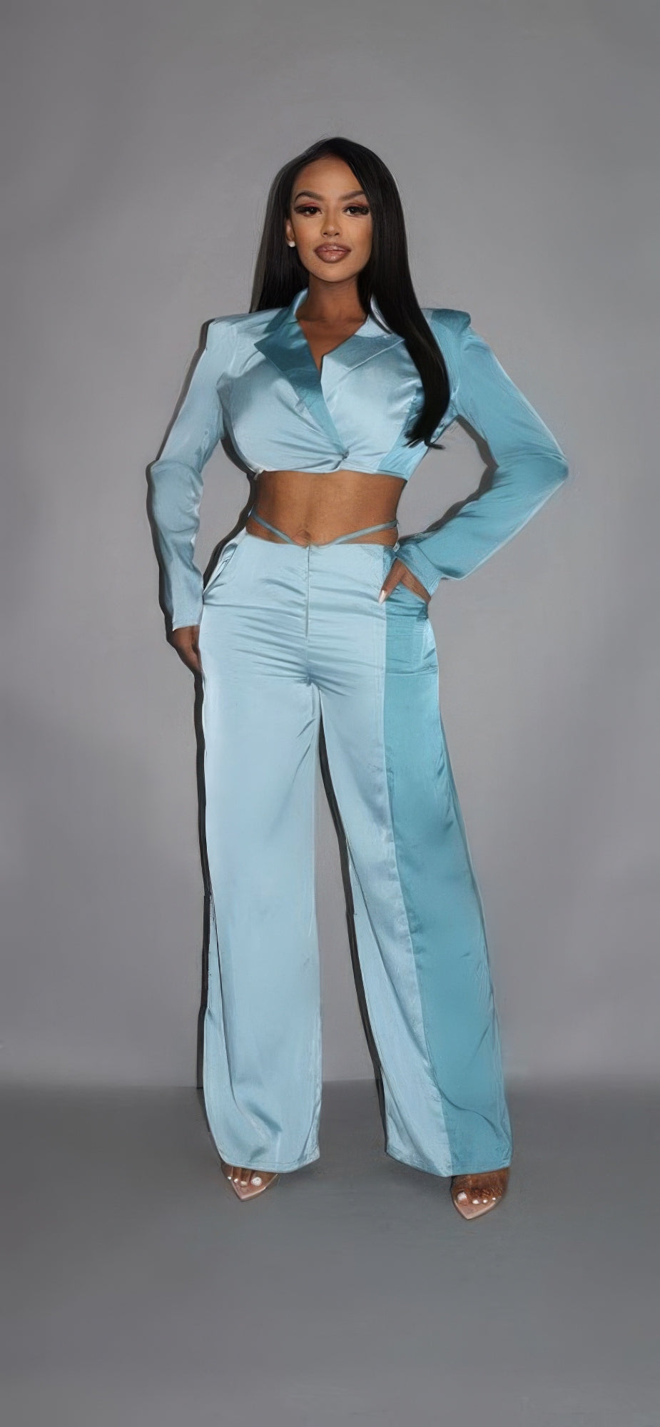 Colorblock Crop Blazer With Matching Low Rise Wide Leg Pant Set With Pockets - Supreme Deals