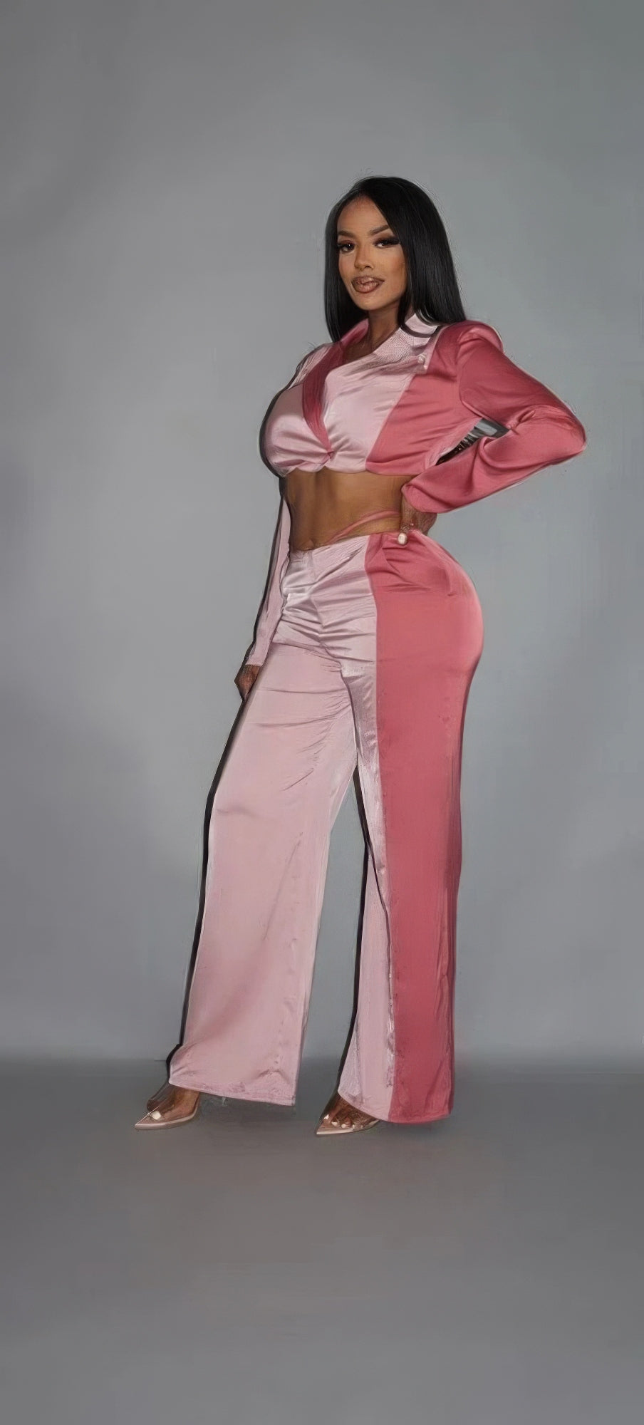 Colorblock Crop Blazer With Matching Low Rise Wide Leg Pant Set With Pockets - Supreme Deals