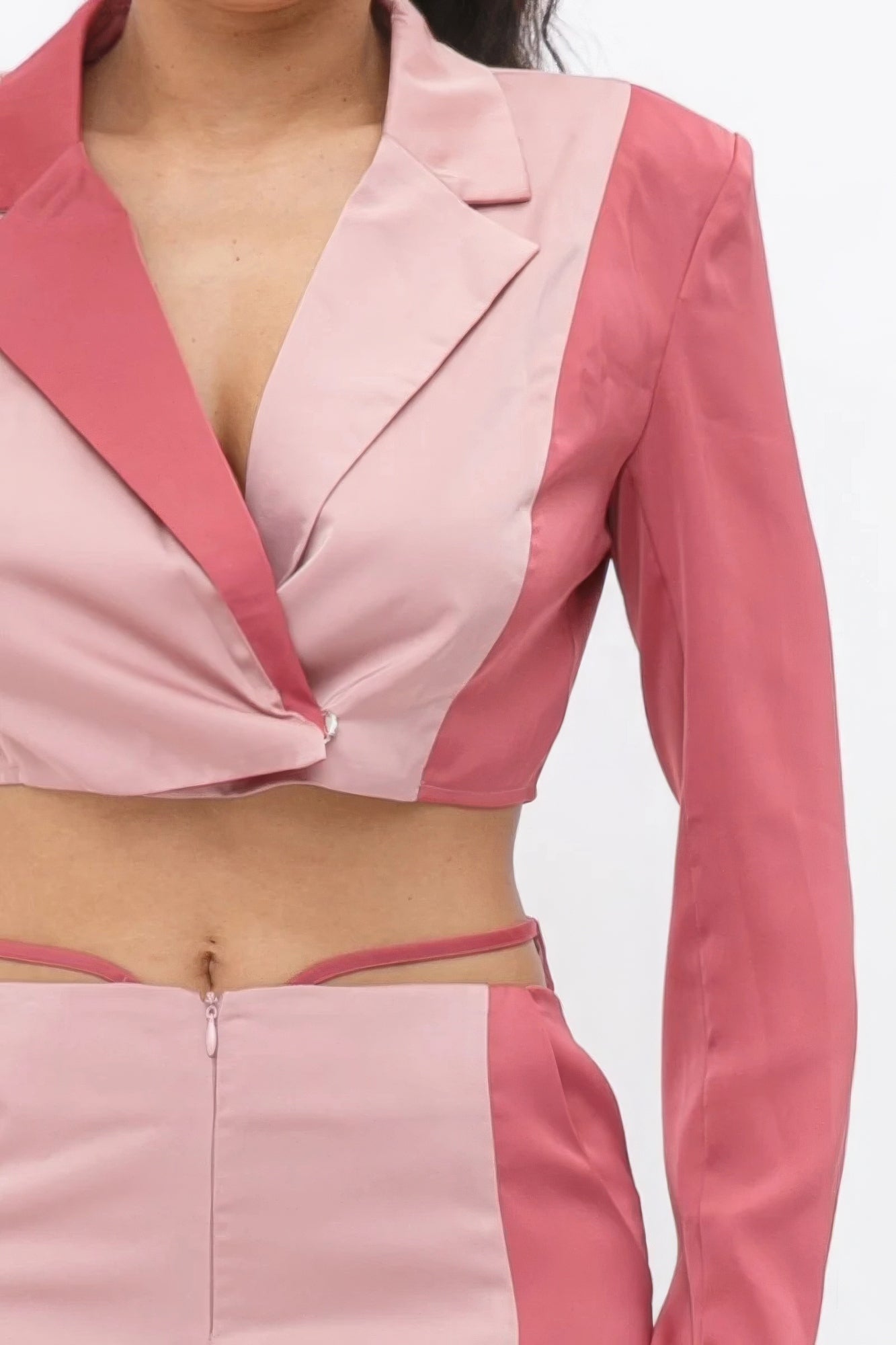 Colorblock Crop Blazer With Matching Low Rise Wide Leg Pant Set With Pockets - Supreme Deals