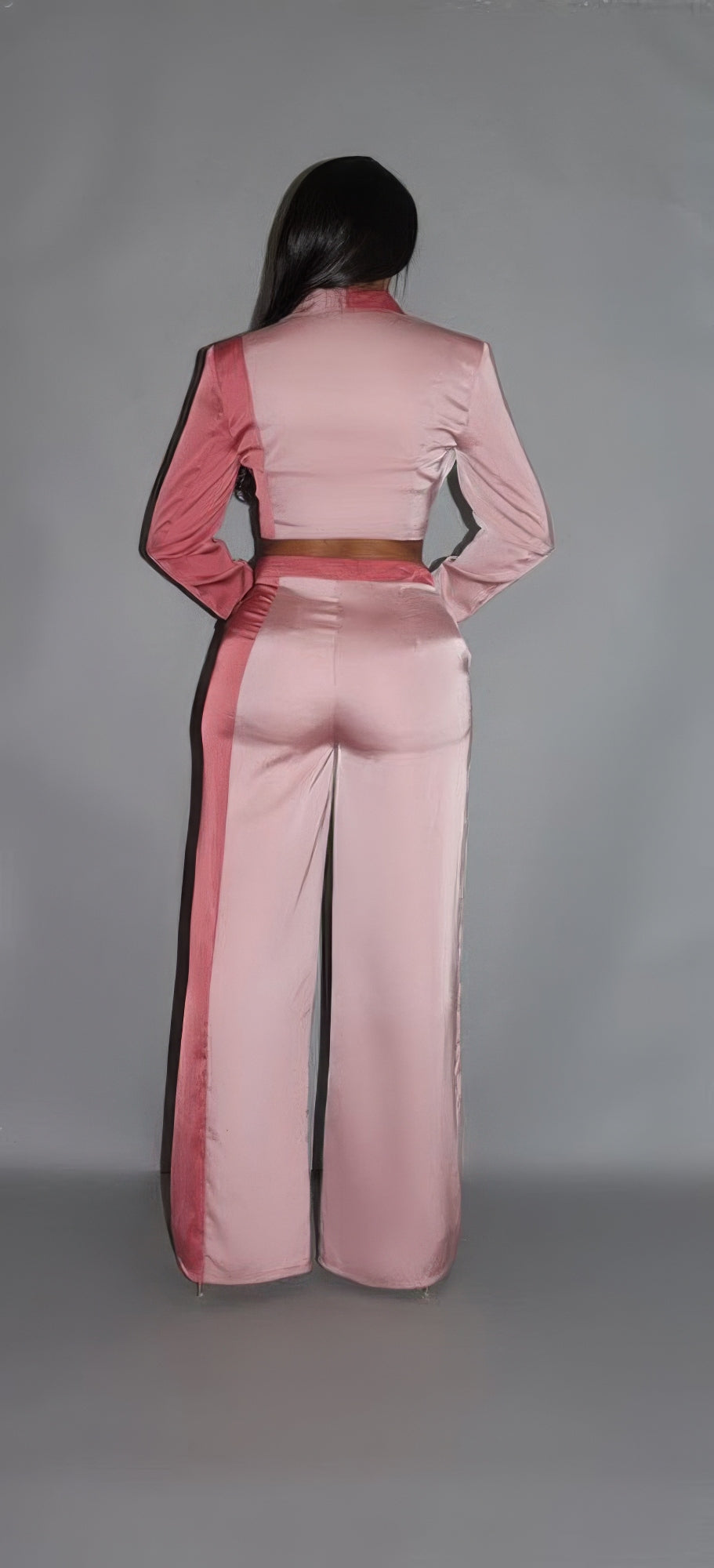 Colorblock Crop Blazer With Matching Low Rise Wide Leg Pant Set With Pockets - Supreme Deals