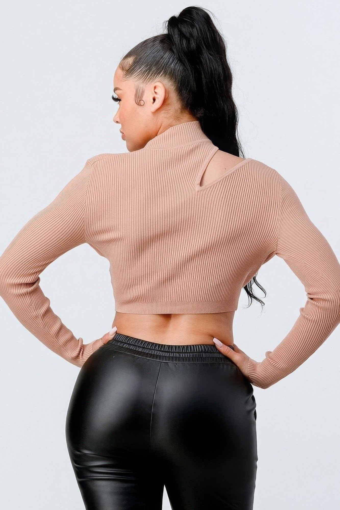 Lux Sweater Rib Cutout Mock Neck Crop Top - Supreme Deals