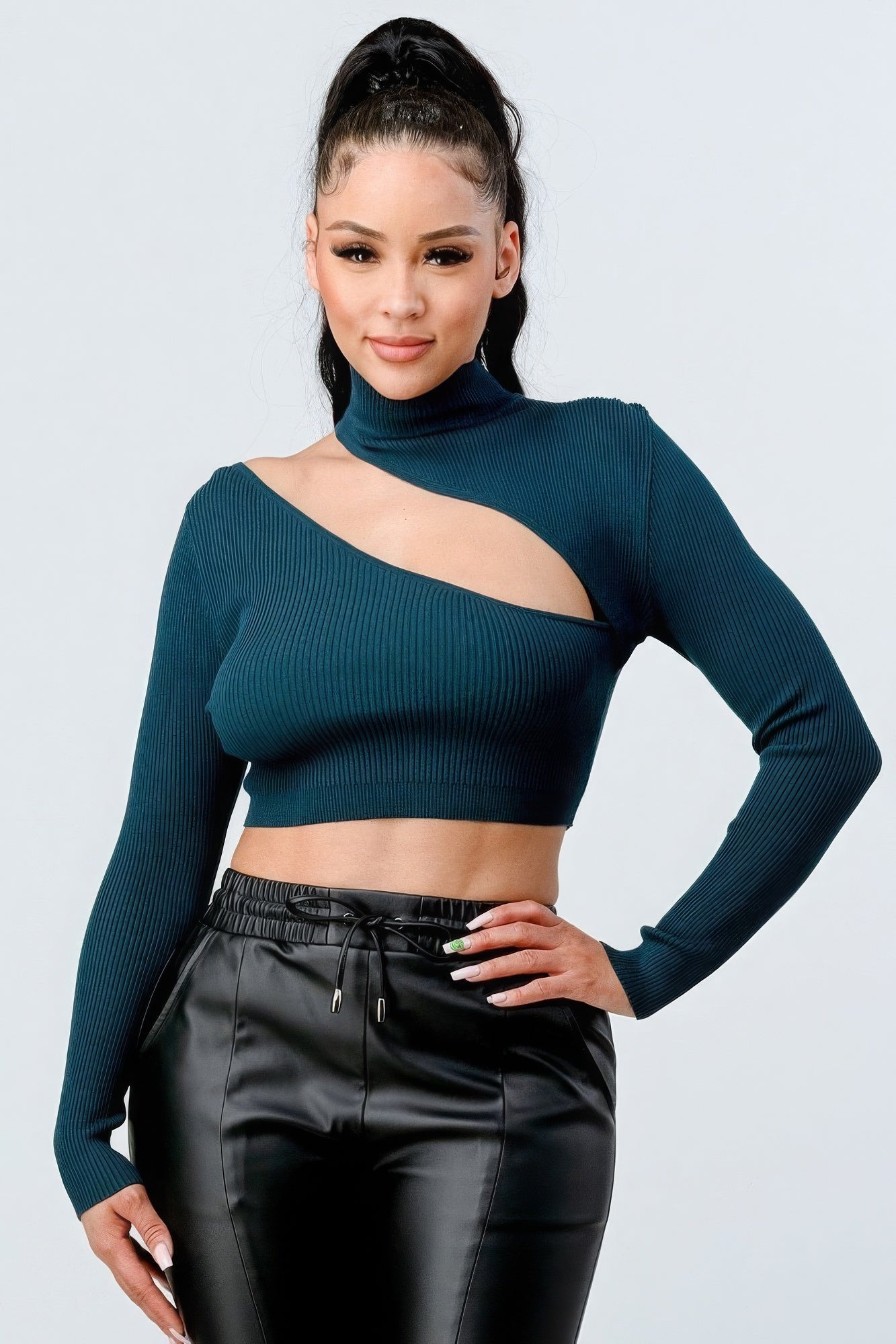 Lux Sweater Rib Cutout Mock Neck Crop Top - Supreme Deals