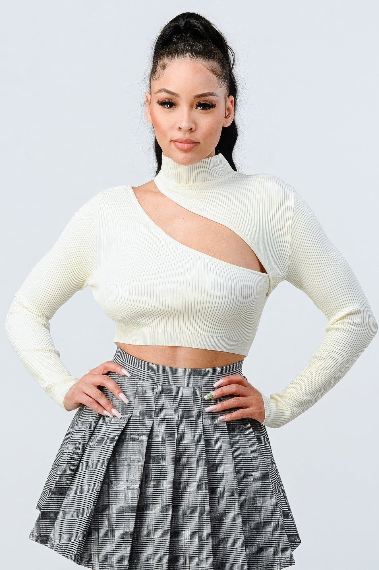 Lux Sweater Rib Cutout Mock Neck Crop Top - Supreme Deals