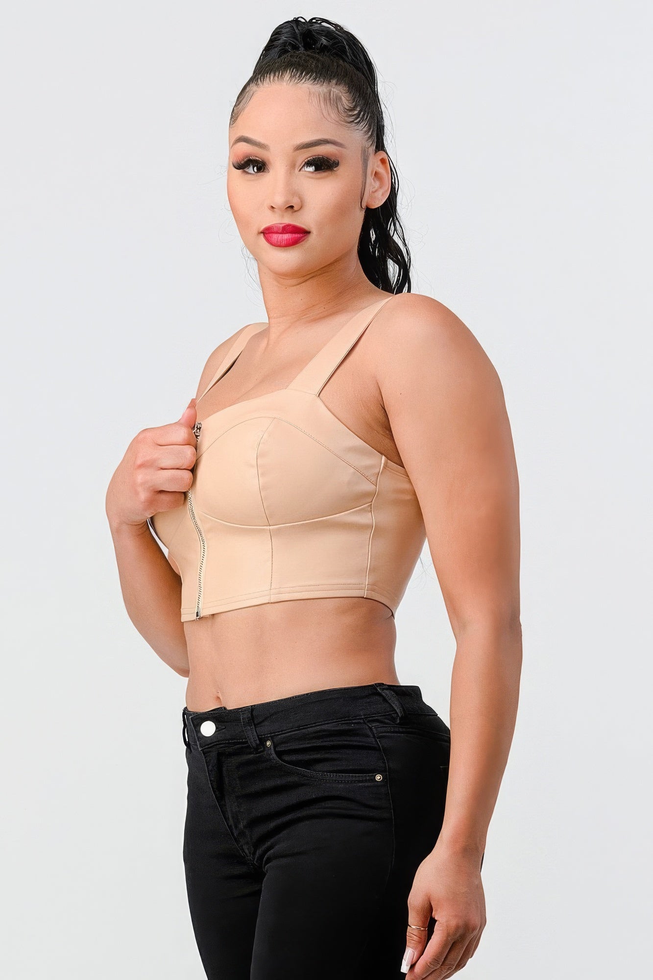 Lux Faux Leather Pu Zipup Strap Sleeveless Cropped Top - Supreme Deals