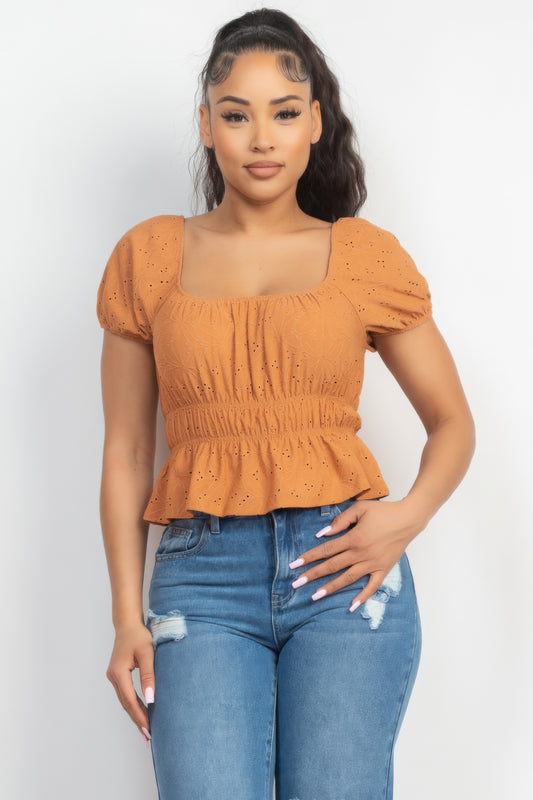 Puff Sleeve Eyelet Peplum Top - Supreme Deals