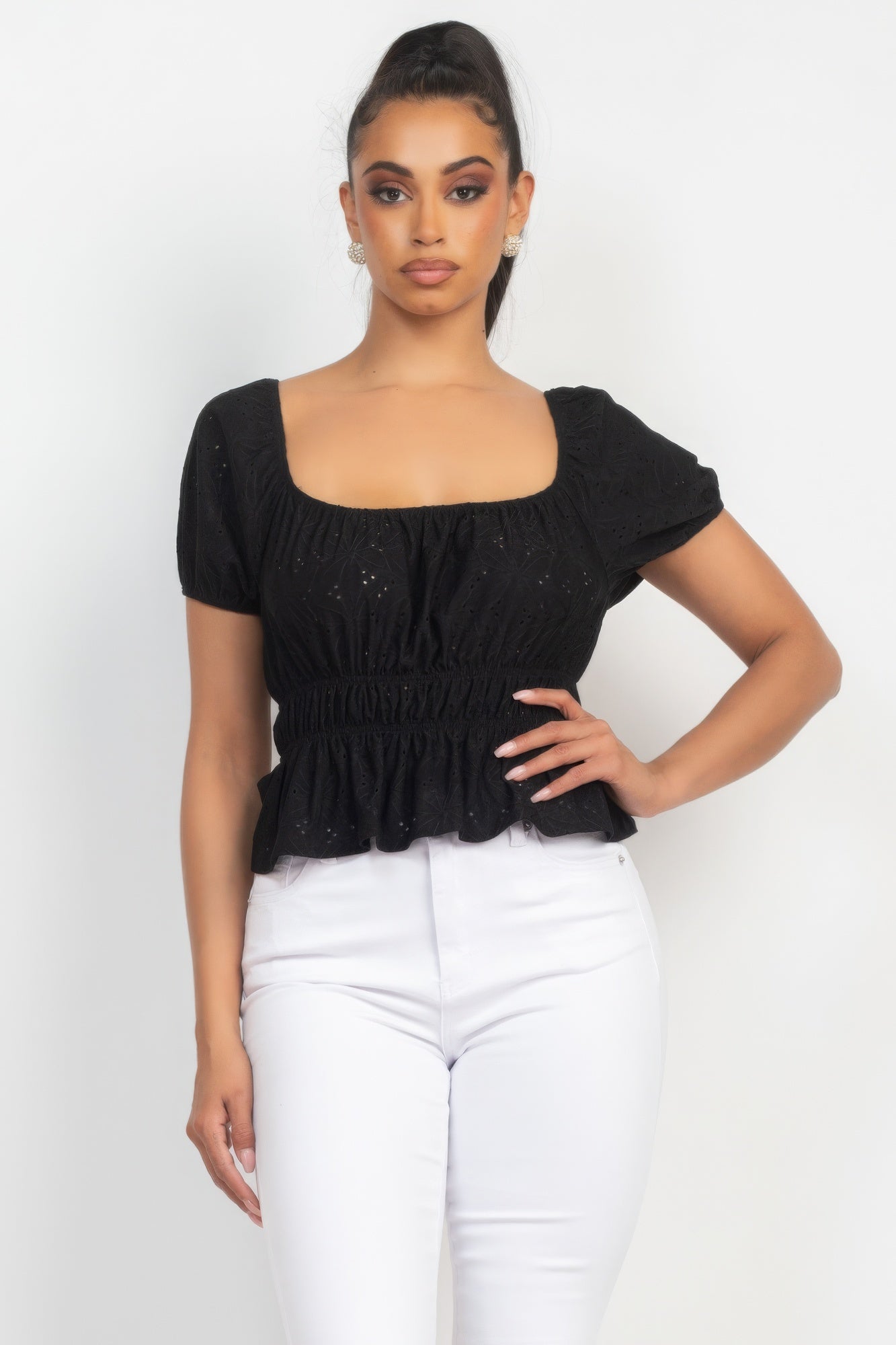 Puff Sleeve Eyelet Peplum Top - Supreme Deals