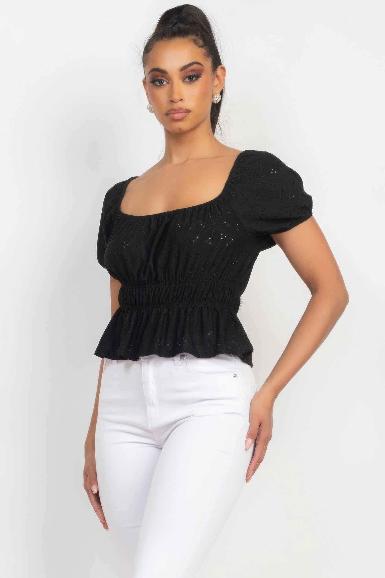 Puff Sleeve Eyelet Peplum Top - Supreme Deals