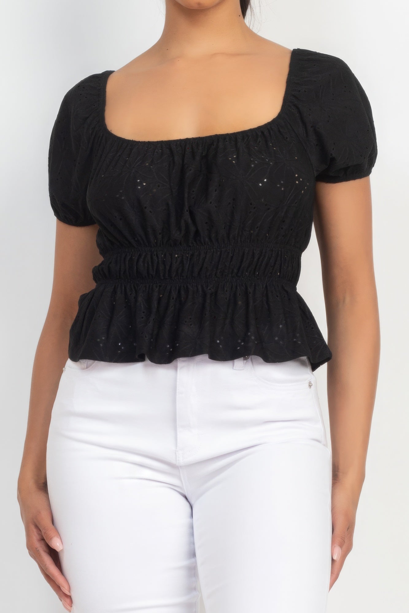 Puff Sleeve Eyelet Peplum Top - Supreme Deals