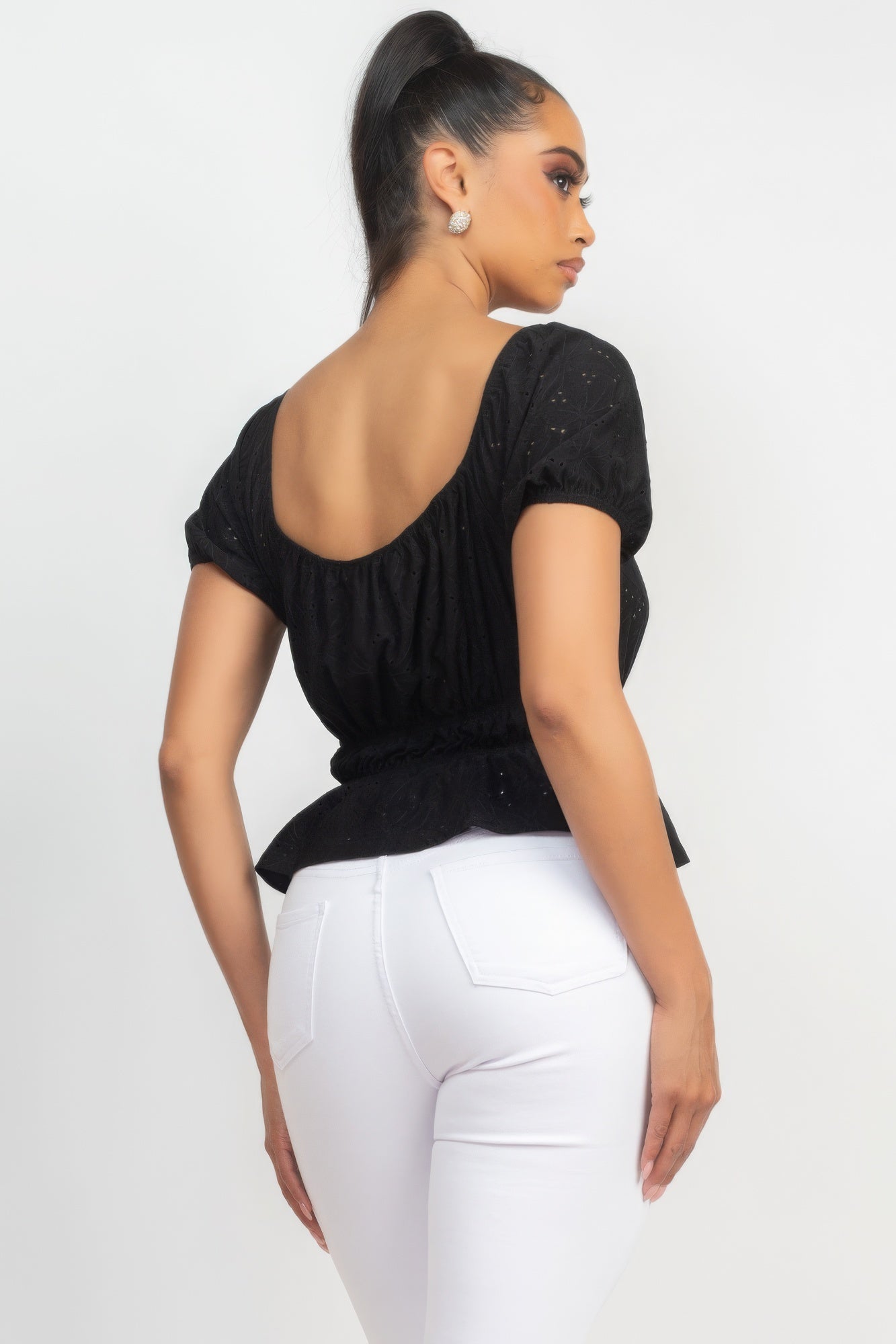 Puff Sleeve Eyelet Peplum Top - Supreme Deals