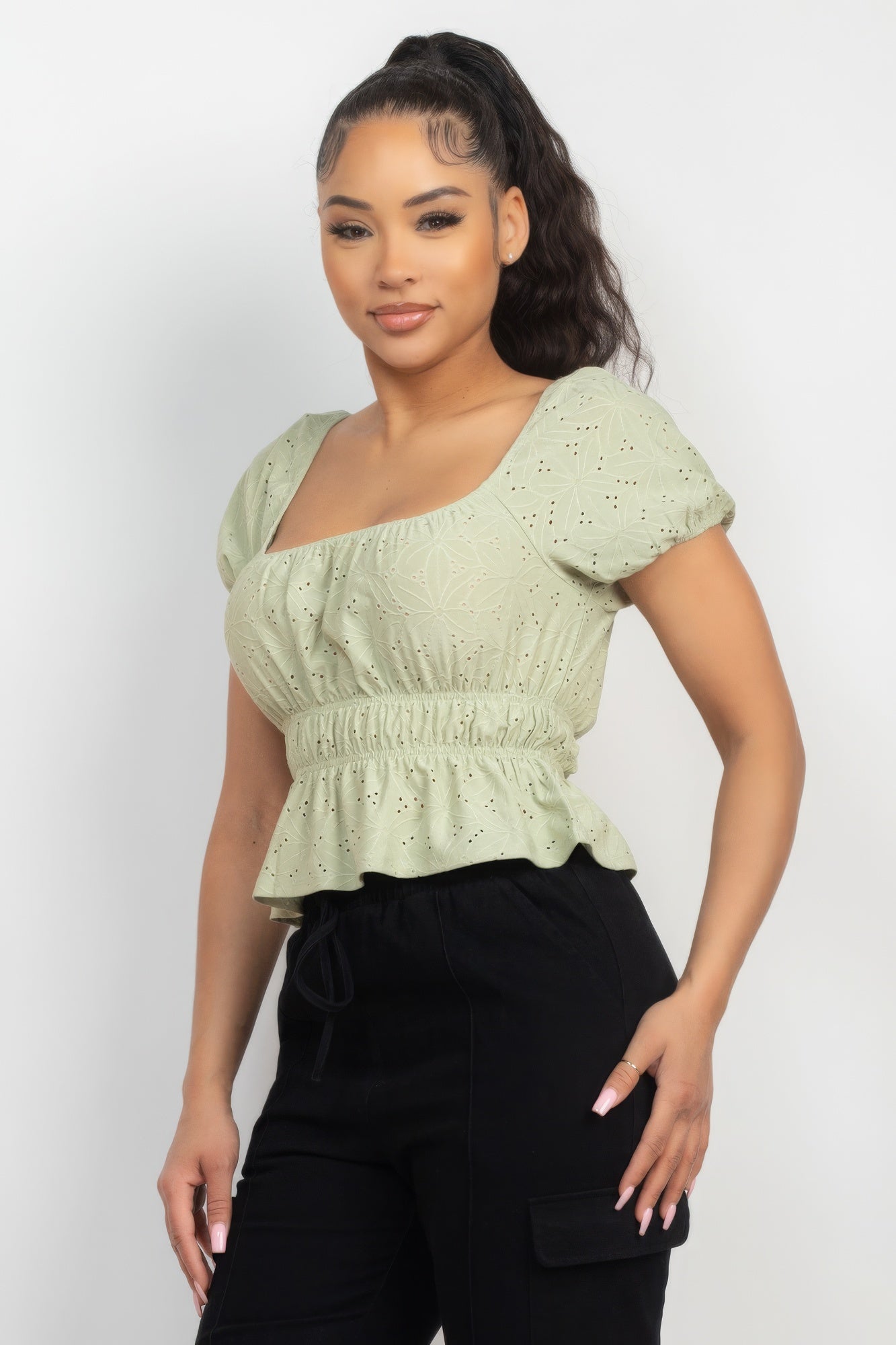 Puff Sleeve Eyelet Peplum Top - Supreme Deals