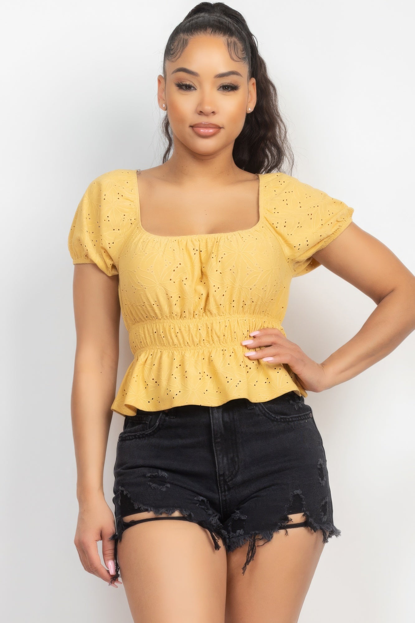 Puff Sleeve Eyelet Peplum Top - Supreme Deals