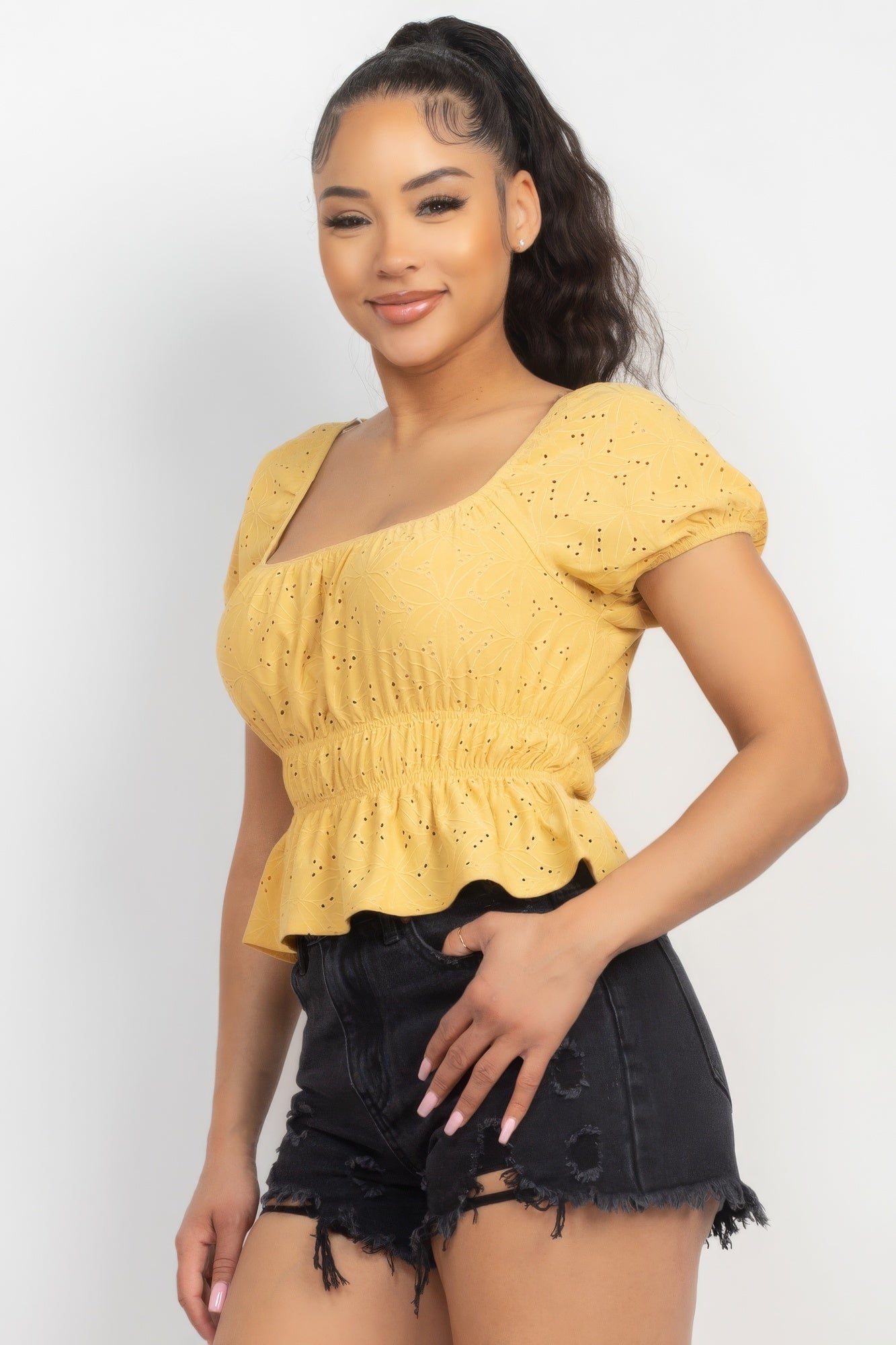 Puff Sleeve Eyelet Peplum Top - Supreme Deals