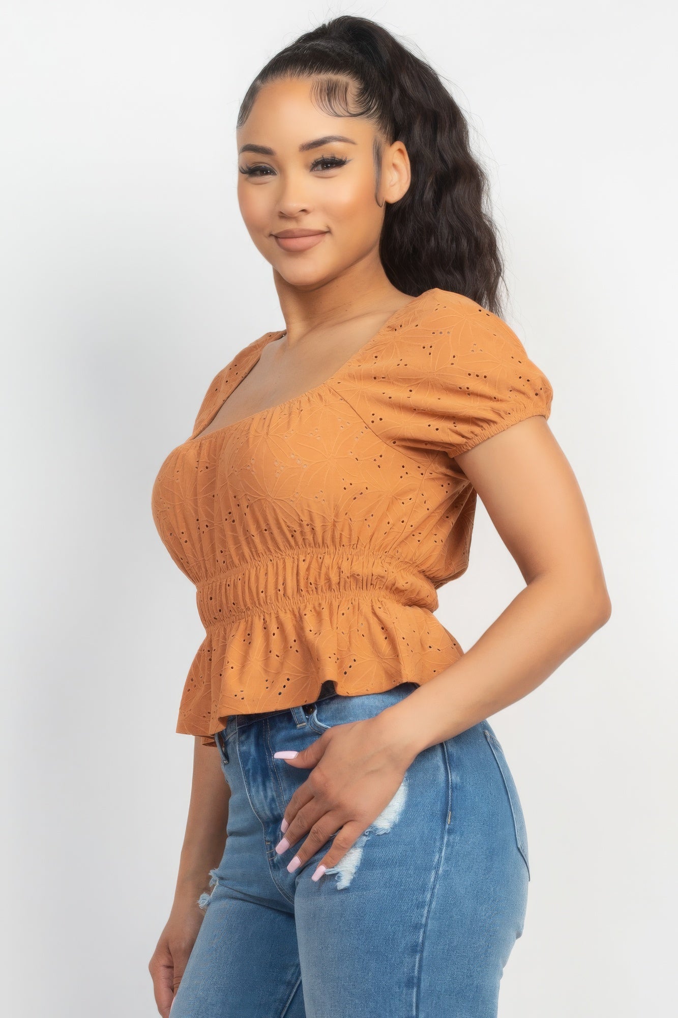 Puff Sleeve Eyelet Peplum Top - Supreme Deals