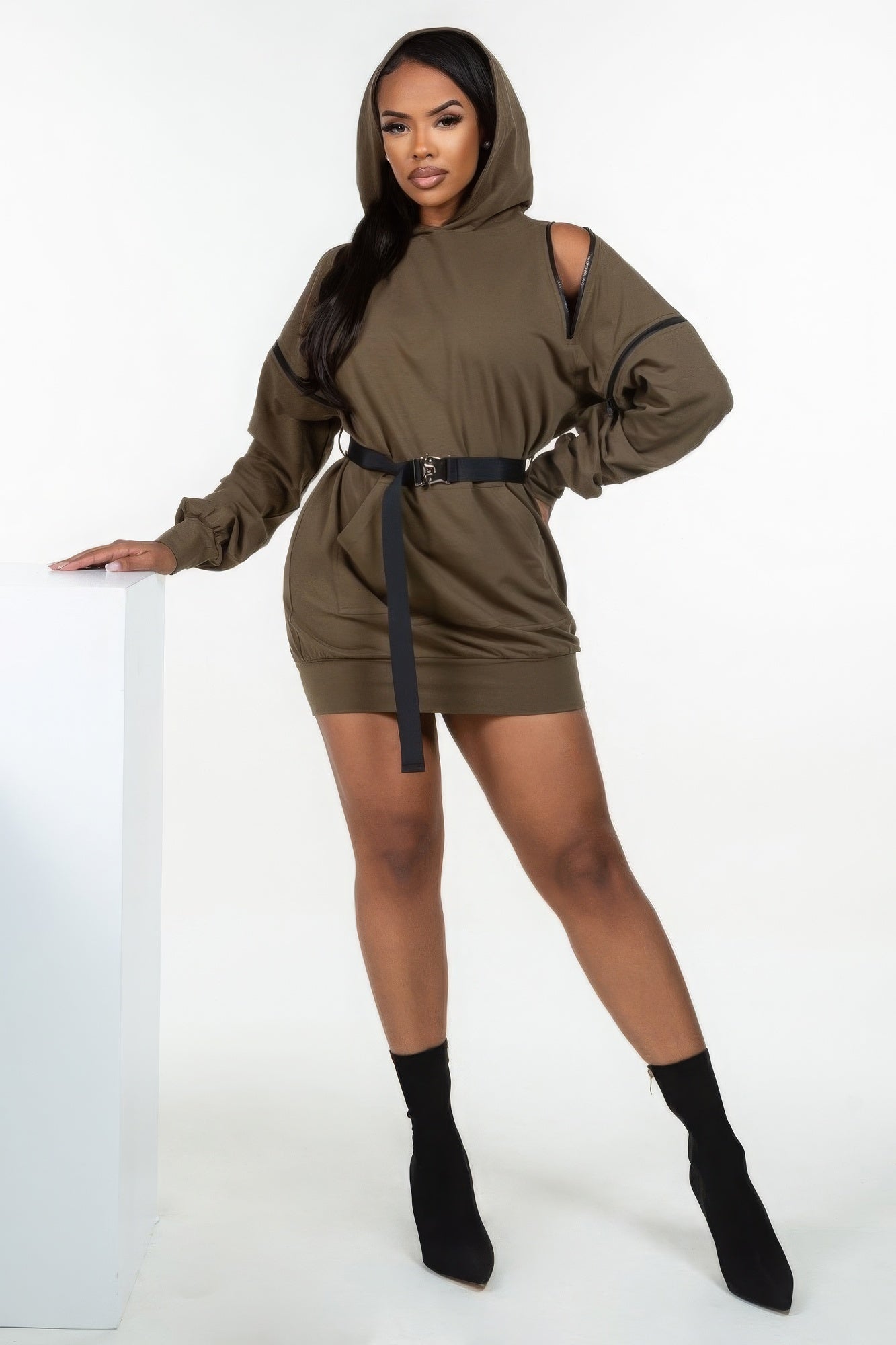 Double Zipper Long Sleeve Hooded Mini Dress - Supreme Deals