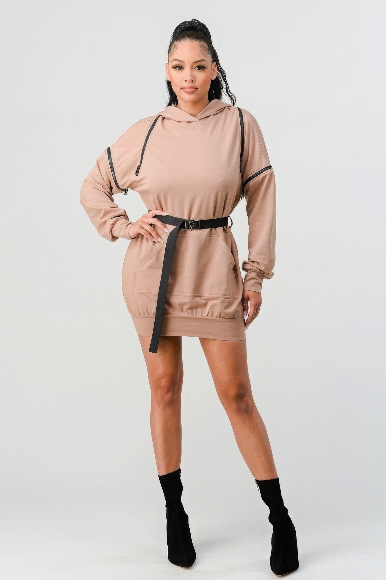 Double Zipper Long Sleeve Hooded Mini Dress - Supreme Deals