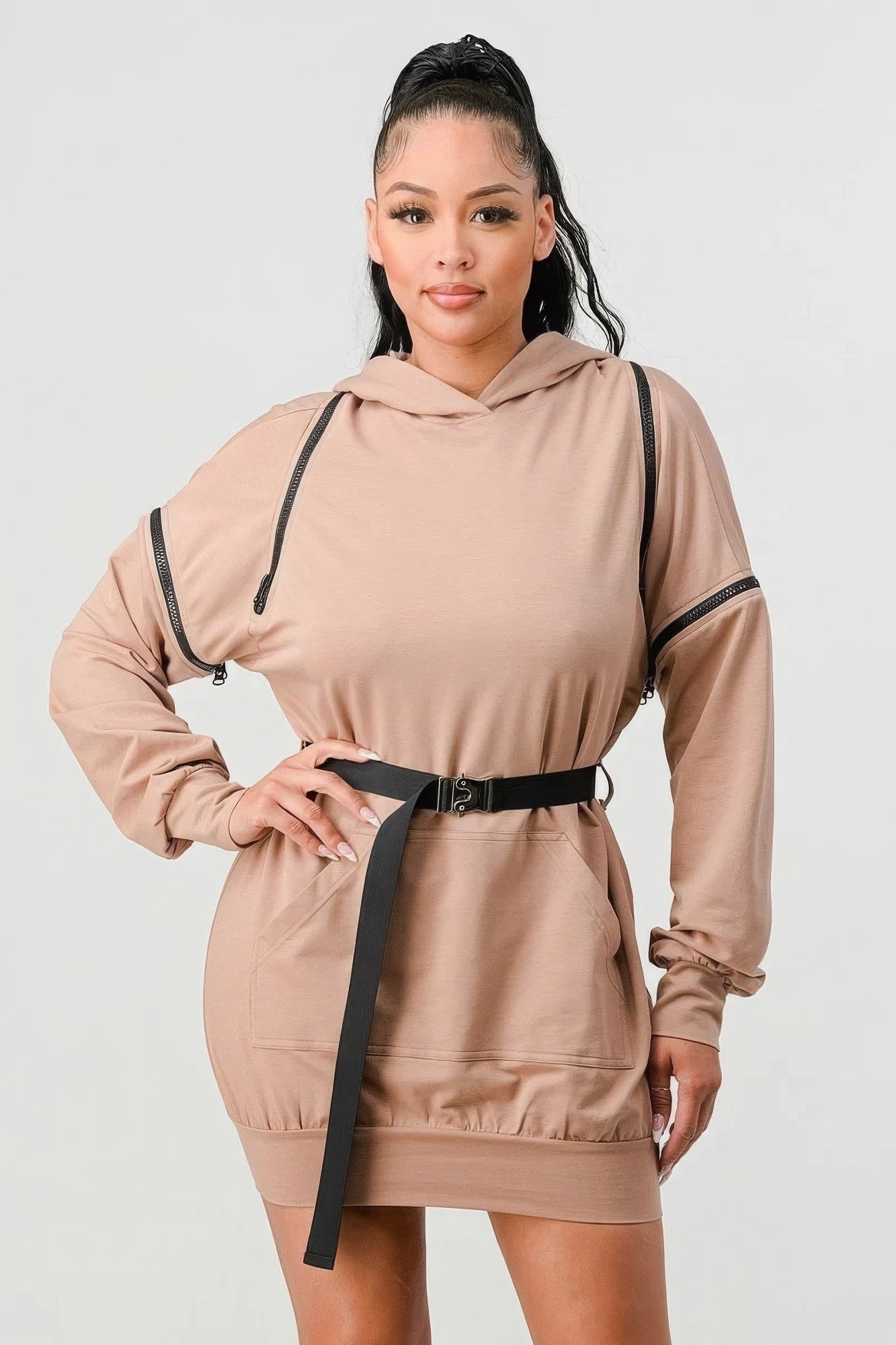 Double Zipper Long Sleeve Hooded Mini Dress - Supreme Deals