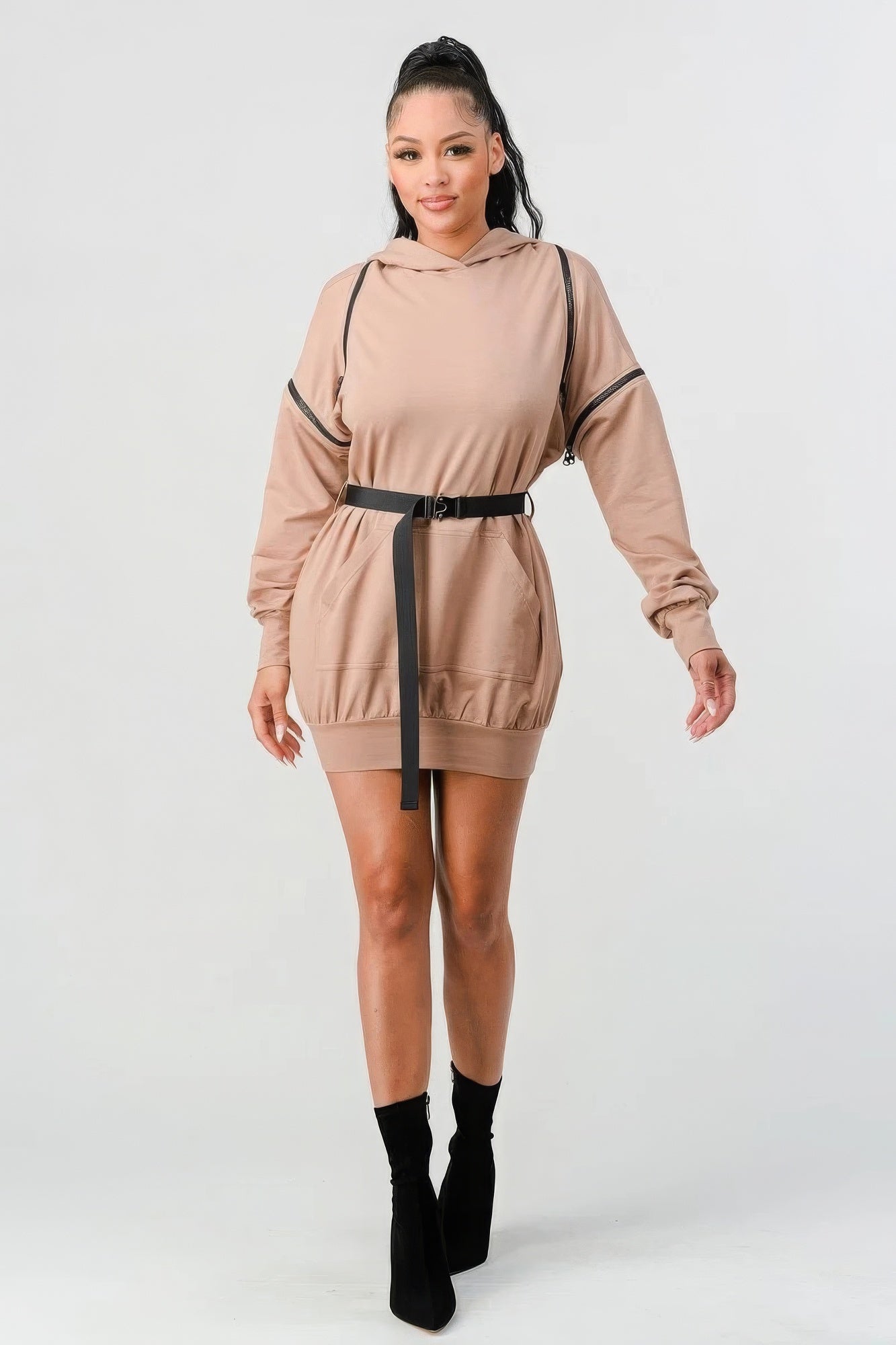 Double Zipper Long Sleeve Hooded Mini Dress - Supreme Deals