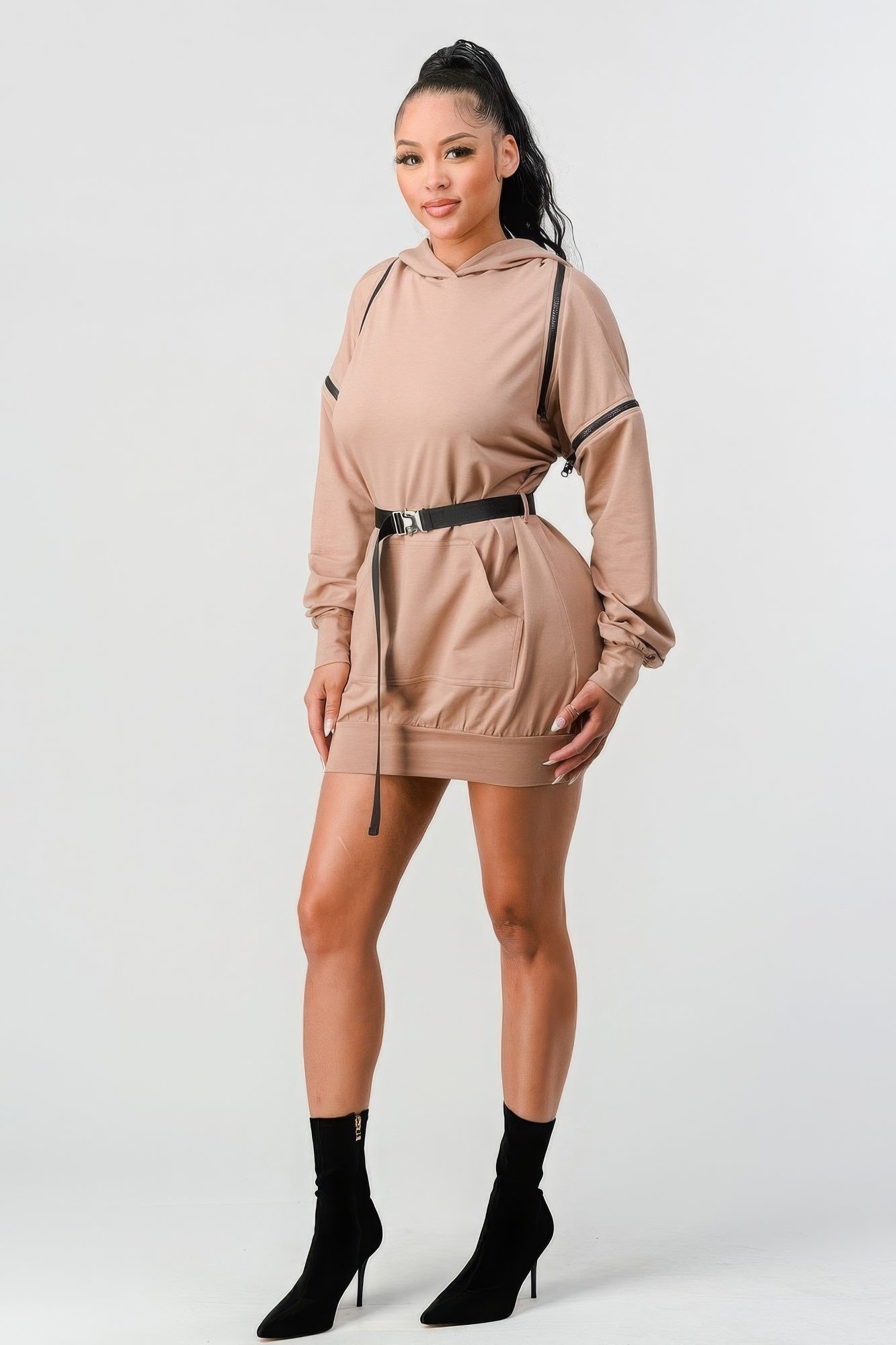 Double Zipper Long Sleeve Hooded Mini Dress - Supreme Deals