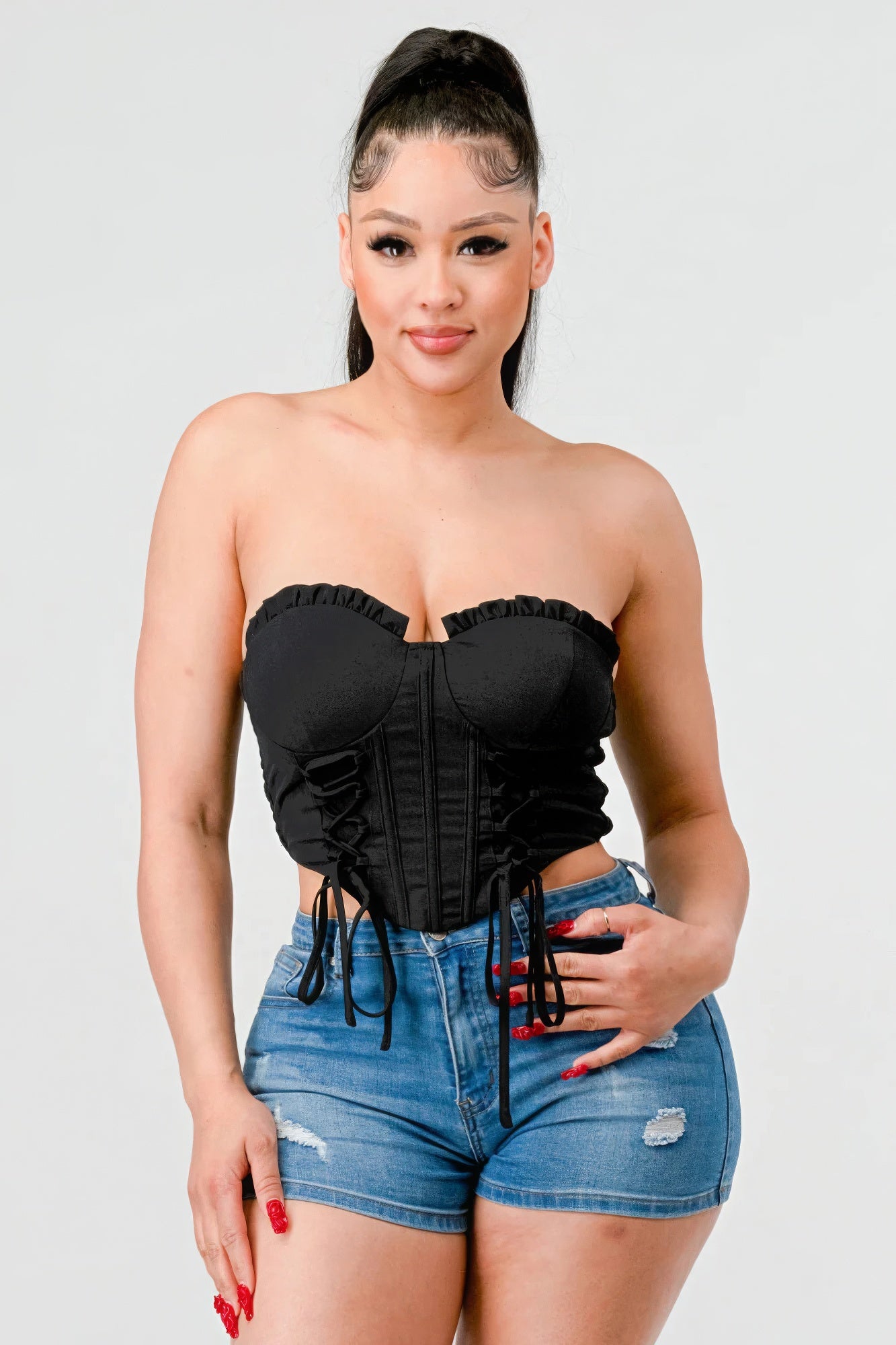 Luxe sweetheart ruffled drawstring lace bustier top - Supreme Deals