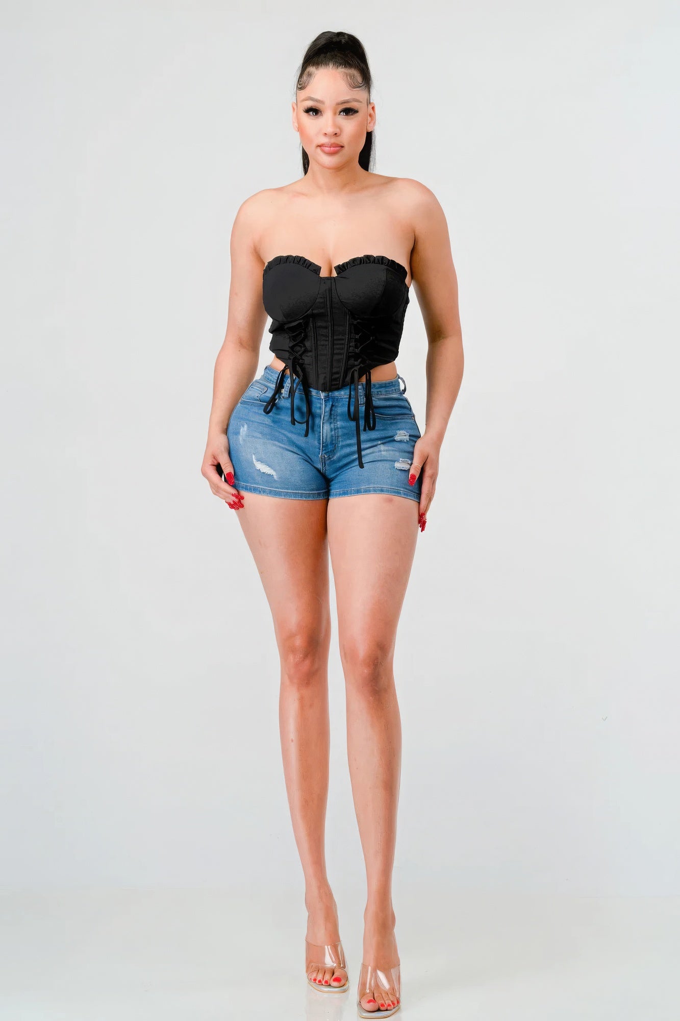 Luxe sweetheart ruffled drawstring lace bustier top - Supreme Deals