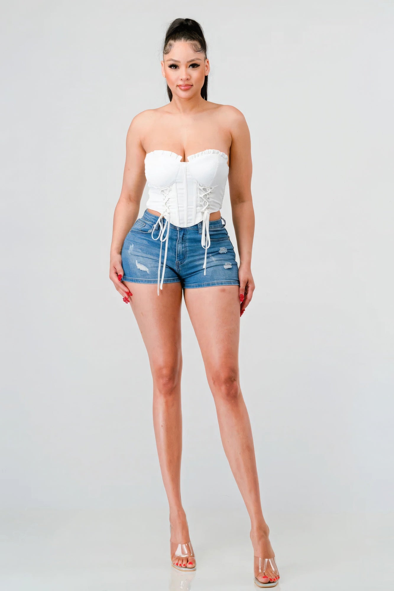 Luxe sweetheart ruffled drawstring lace bustier top - Supreme Deals