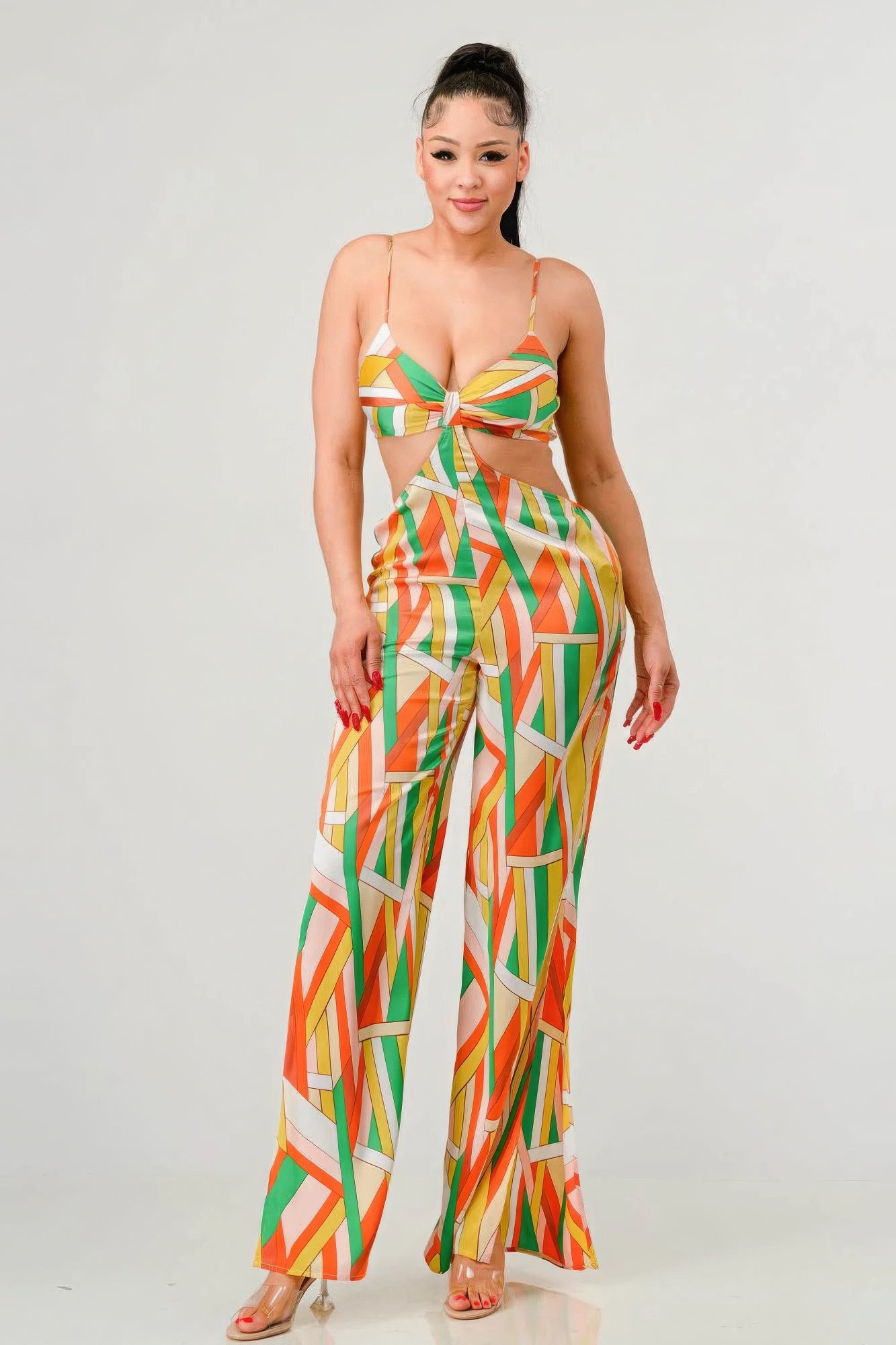 Luxe geo print satin bra top and palazzo jumpsuit - Supreme Deals