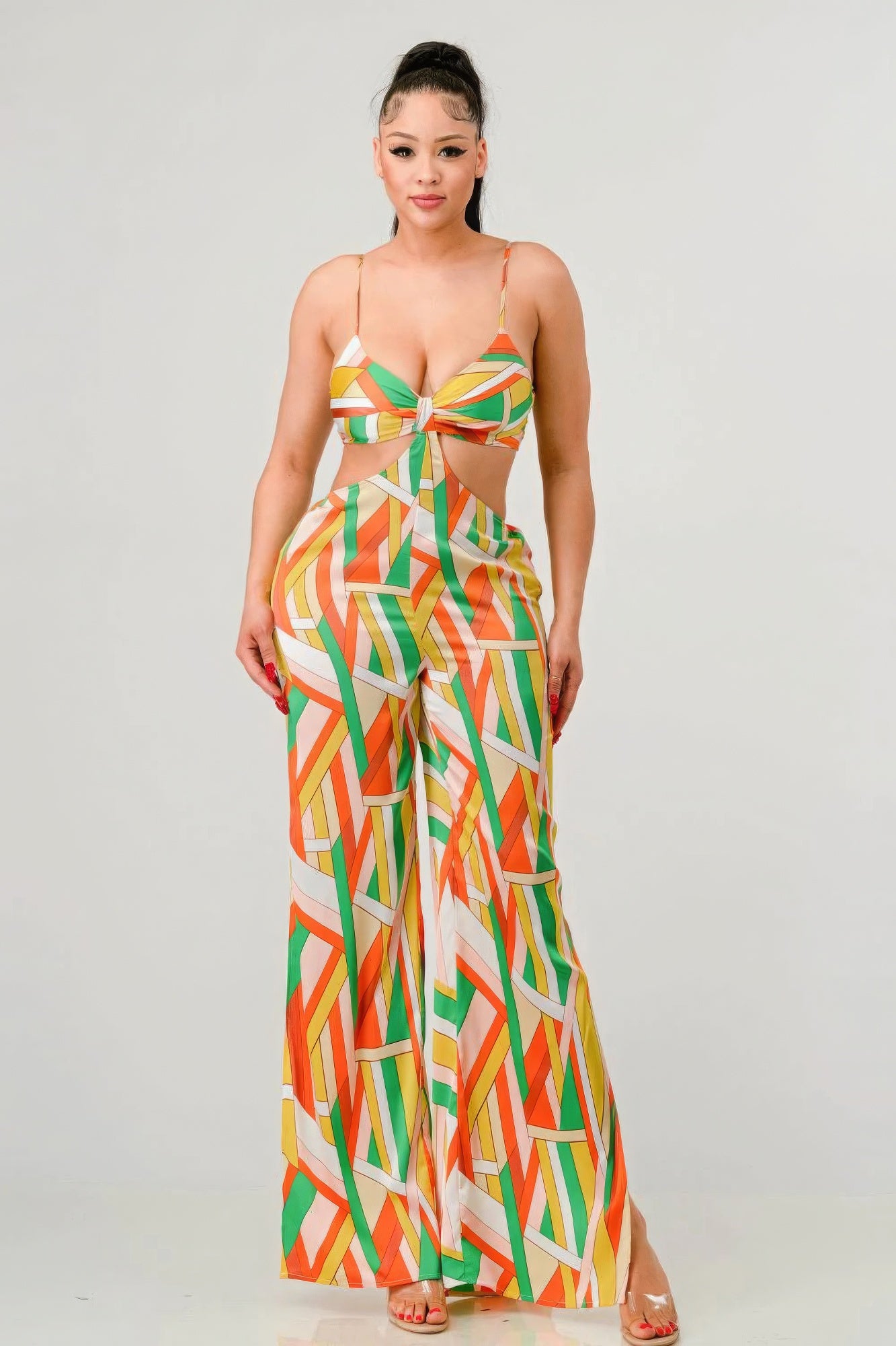 Luxe geo print satin bra top and palazzo jumpsuit - Supreme Deals