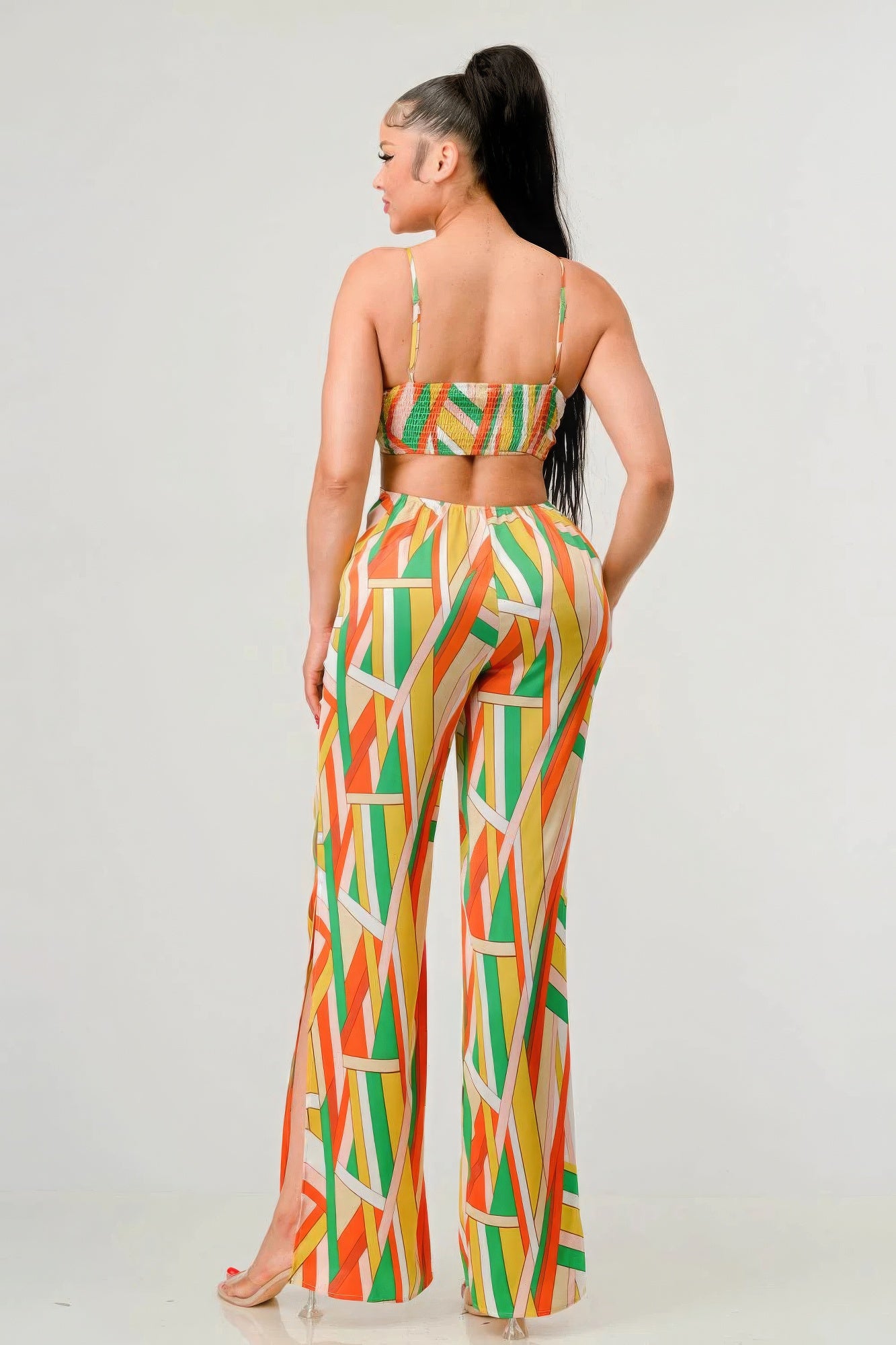 Luxe geo print satin bra top and palazzo jumpsuit - Supreme Deals