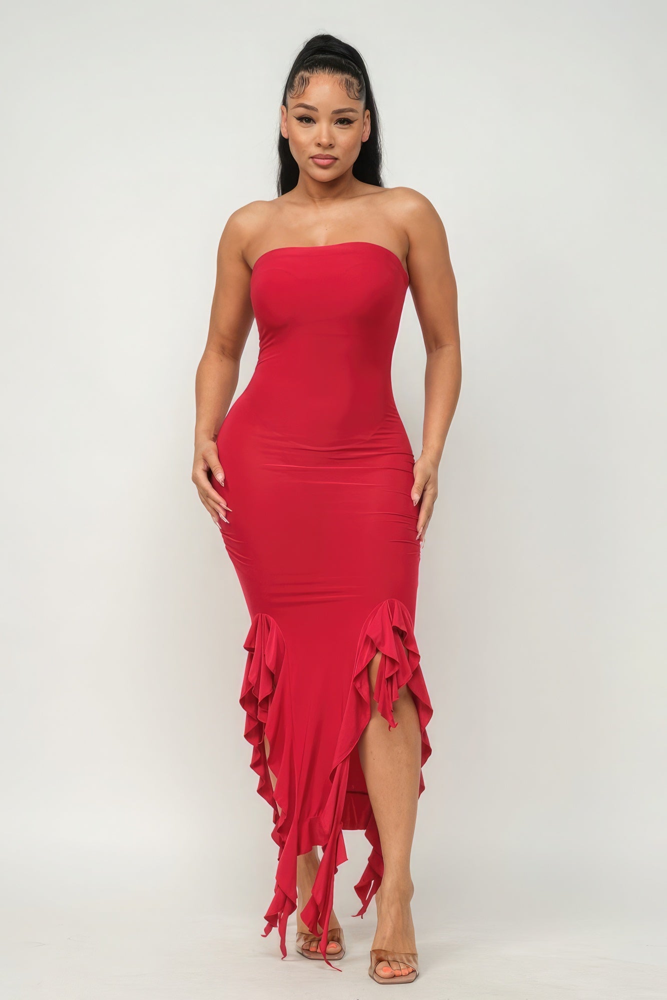 Solid Bottom Ruffle Trim Hem Slit Tube Maxi Dress - Supreme Deals