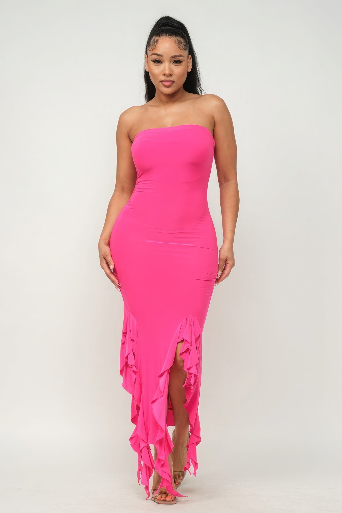 Solid Bottom Ruffle Trim Hem Slit Tube Maxi Dress - Supreme Deals