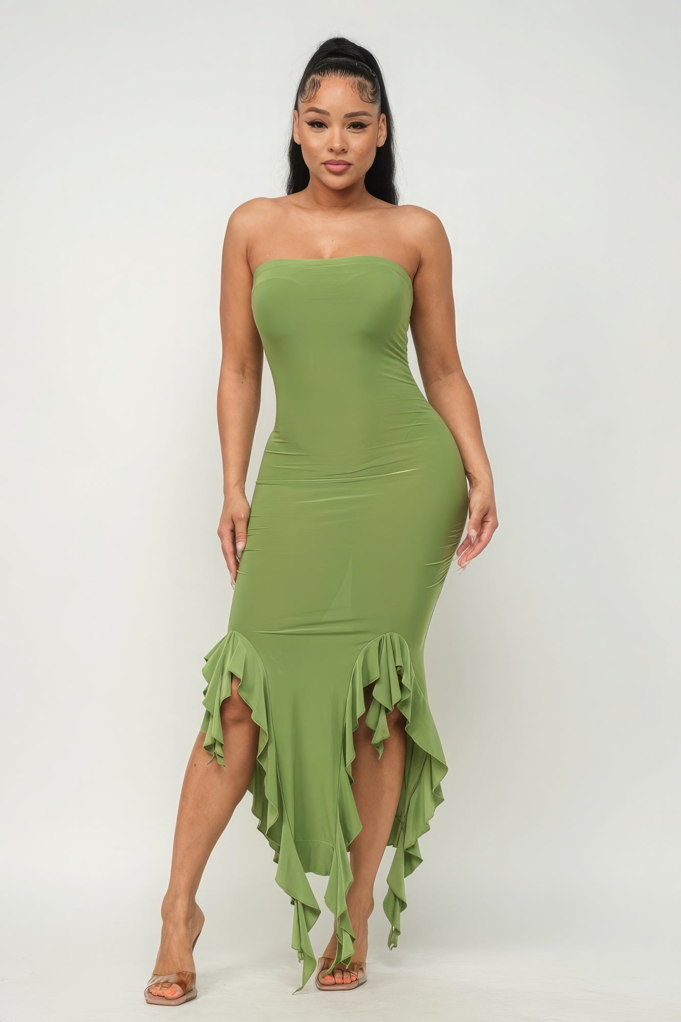 Solid Bottom Ruffle Trim Hem Slit Tube Maxi Dress - Supreme Deals