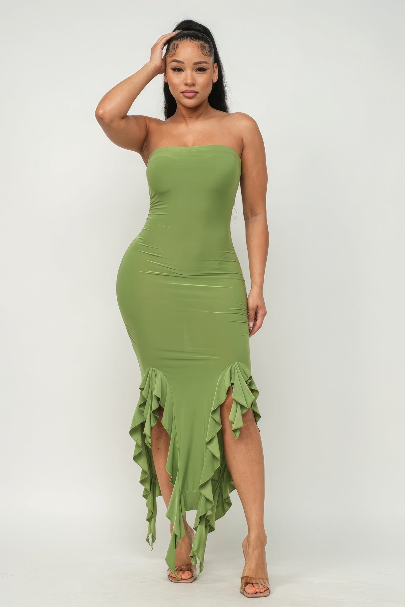 Solid Bottom Ruffle Trim Hem Slit Tube Maxi Dress - Supreme Deals