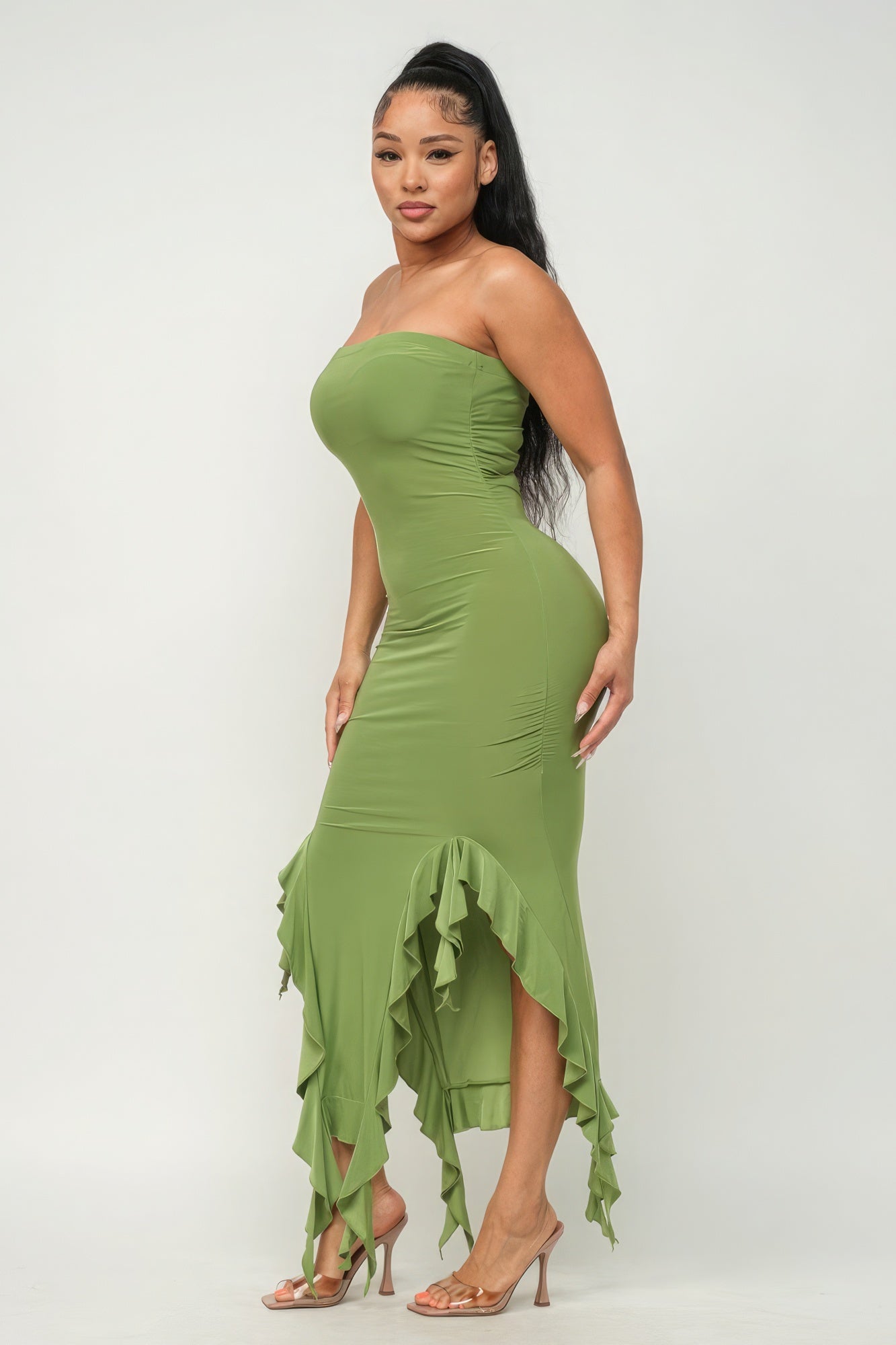 Solid Bottom Ruffle Trim Hem Slit Tube Maxi Dress - Supreme Deals