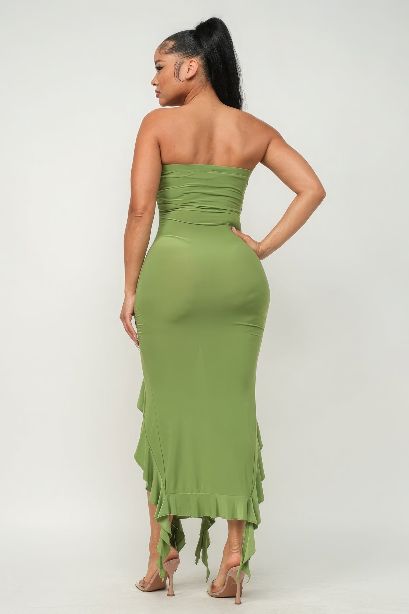 Solid Bottom Ruffle Trim Hem Slit Tube Maxi Dress - Supreme Deals