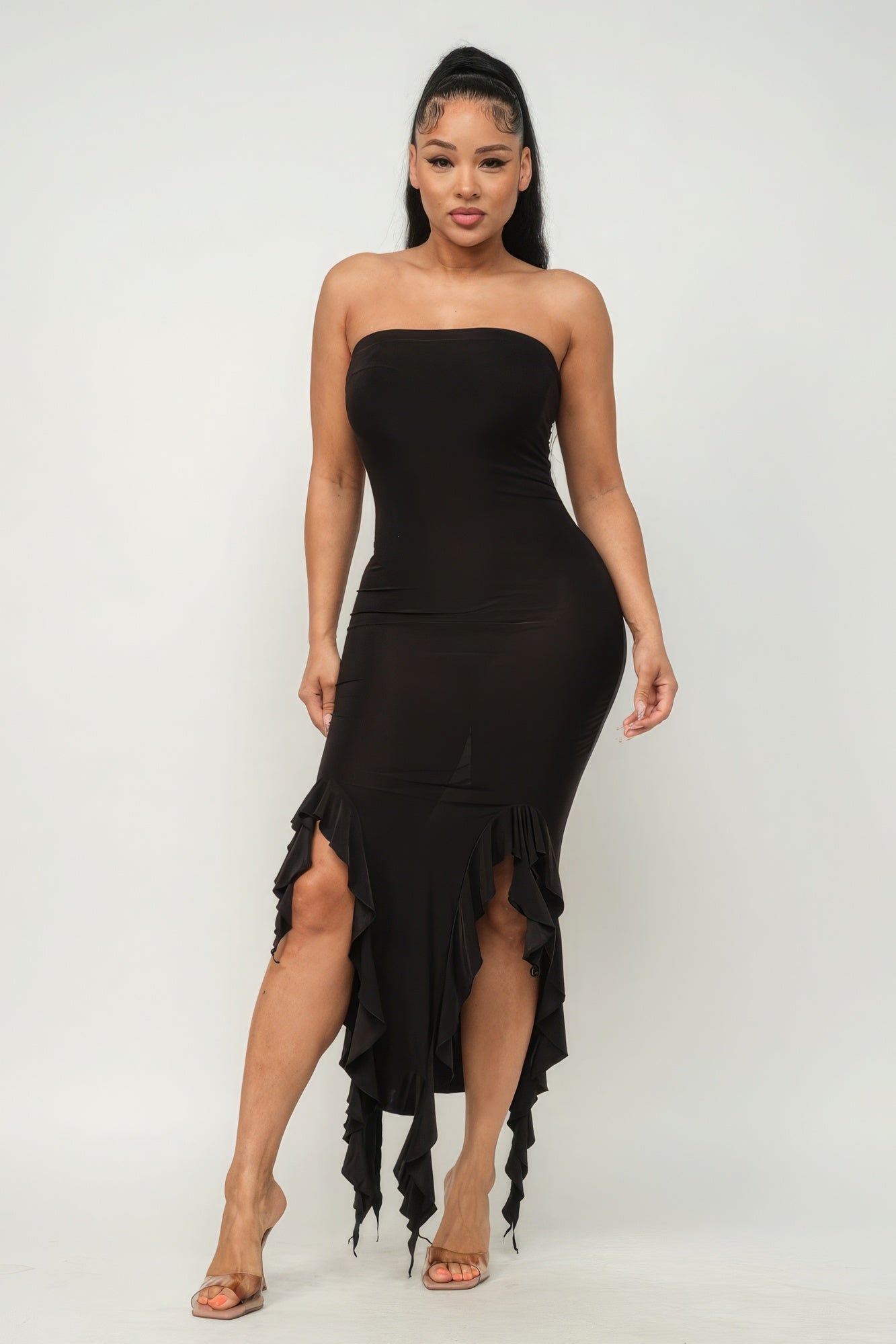 Solid Bottom Ruffle Trim Hem Slit Tube Maxi Dress - Supreme Deals