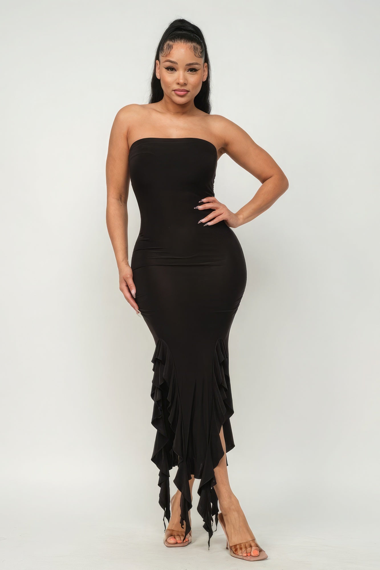 Solid Bottom Ruffle Trim Hem Slit Tube Maxi Dress - Supreme Deals