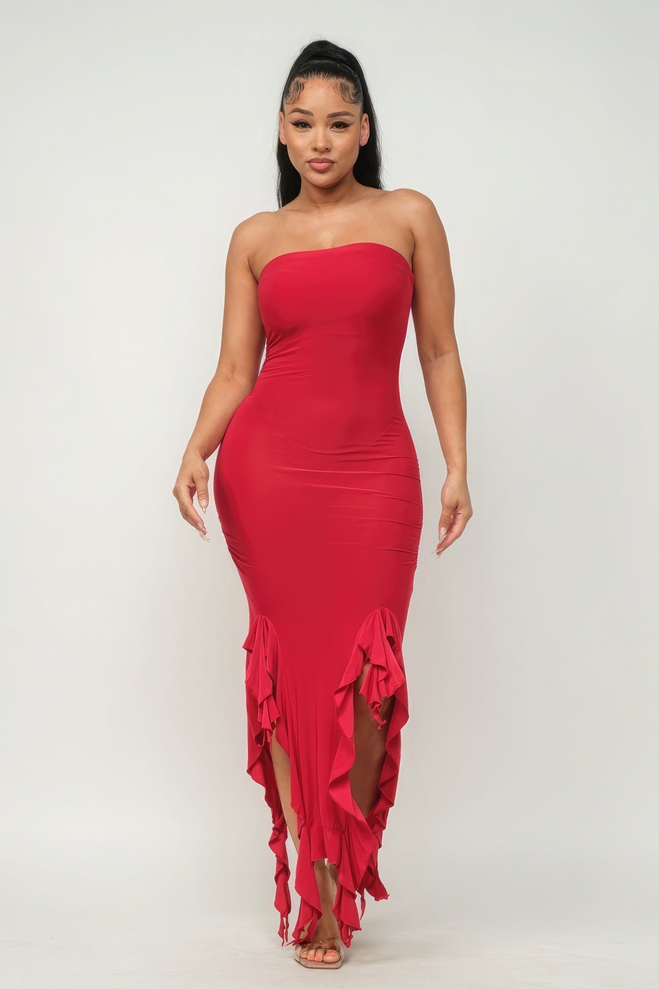 Solid Bottom Ruffle Trim Hem Slit Tube Maxi Dress - Supreme Deals