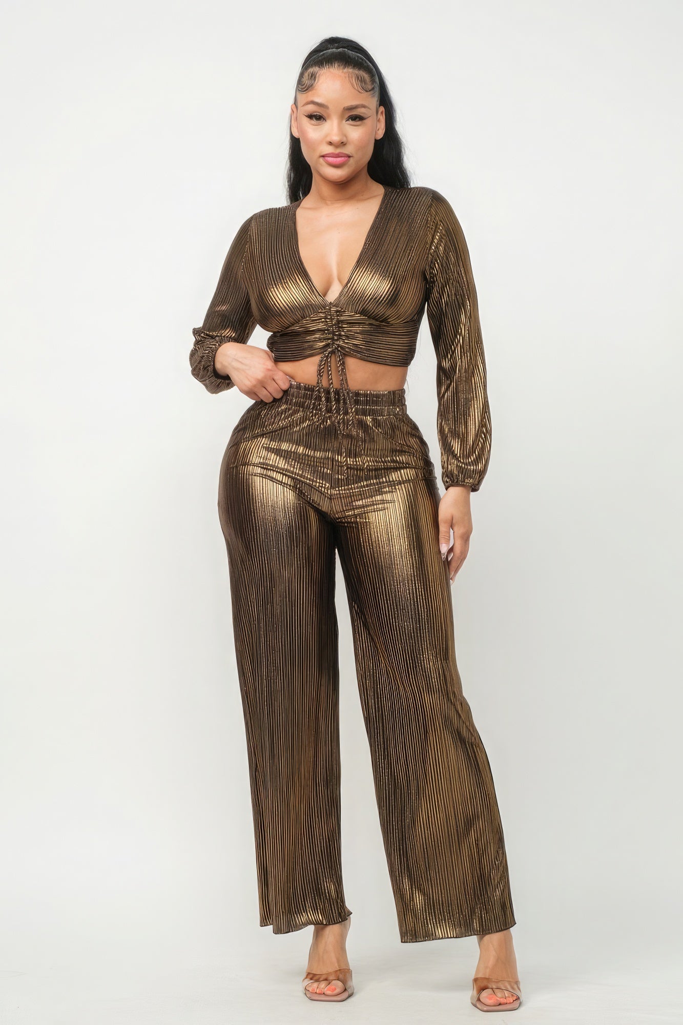 Foil Plisse Tunnel Shirring Top And Pants Set - Supreme Deals