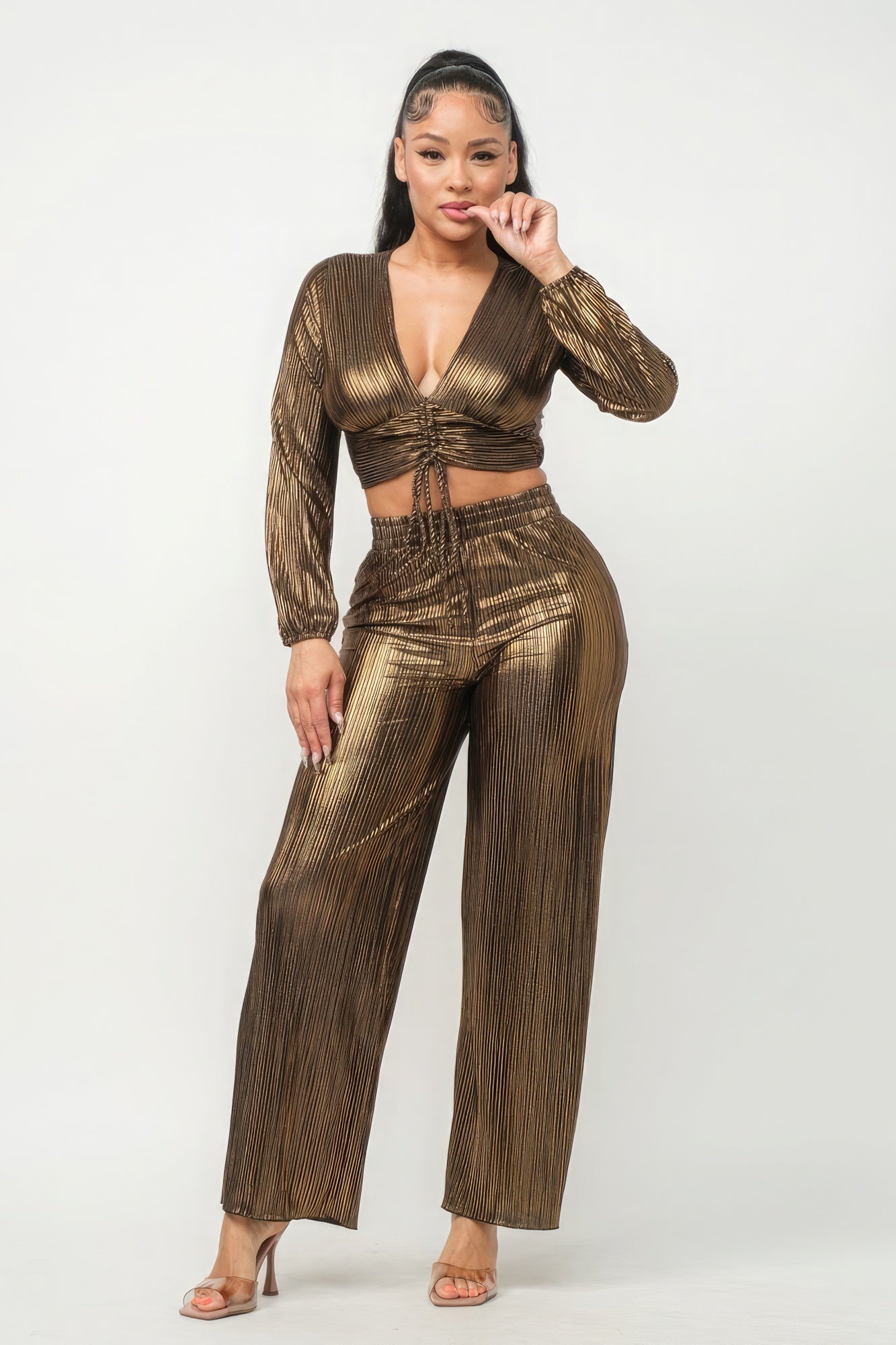 Foil Plisse Tunnel Shirring Top And Pants Set - Supreme Deals