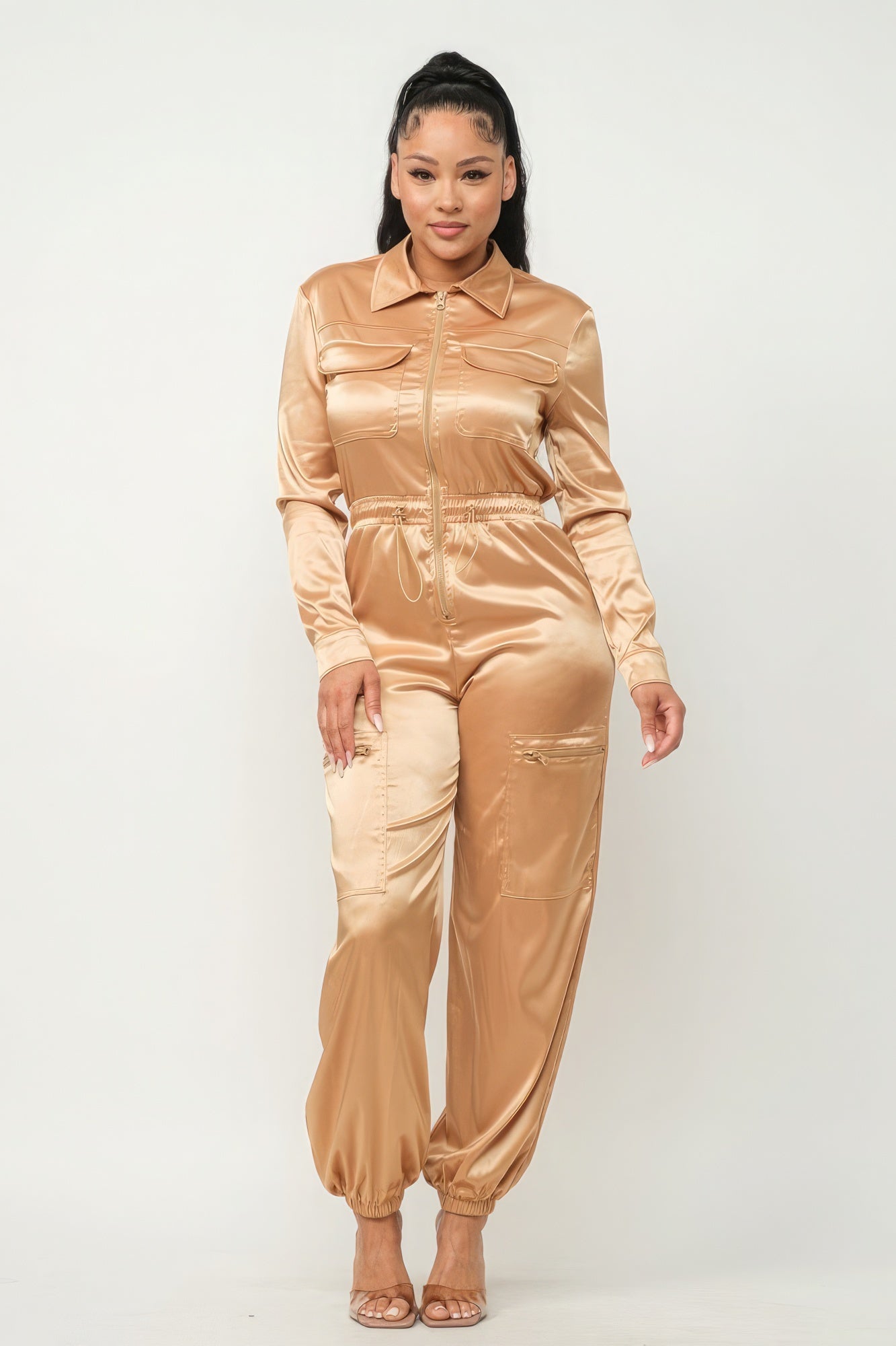 Front Zipper Pockets Top And Pants Jumpsuit - Supreme Deals