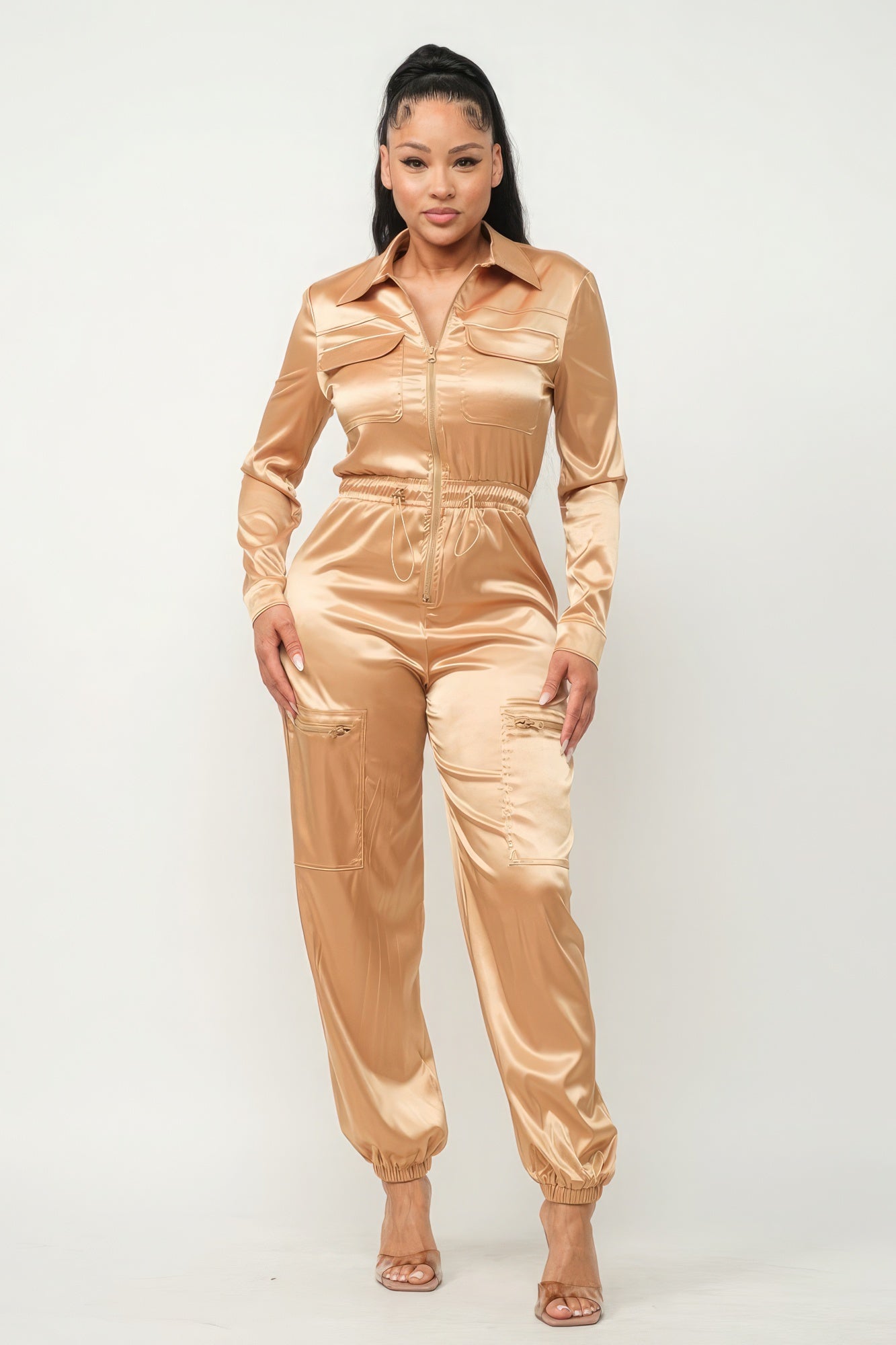 Front Zipper Pockets Top And Pants Jumpsuit - Supreme Deals