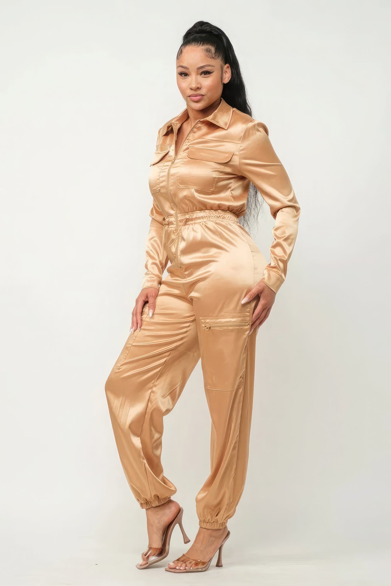 Front Zipper Pockets Top And Pants Jumpsuit - Supreme Deals