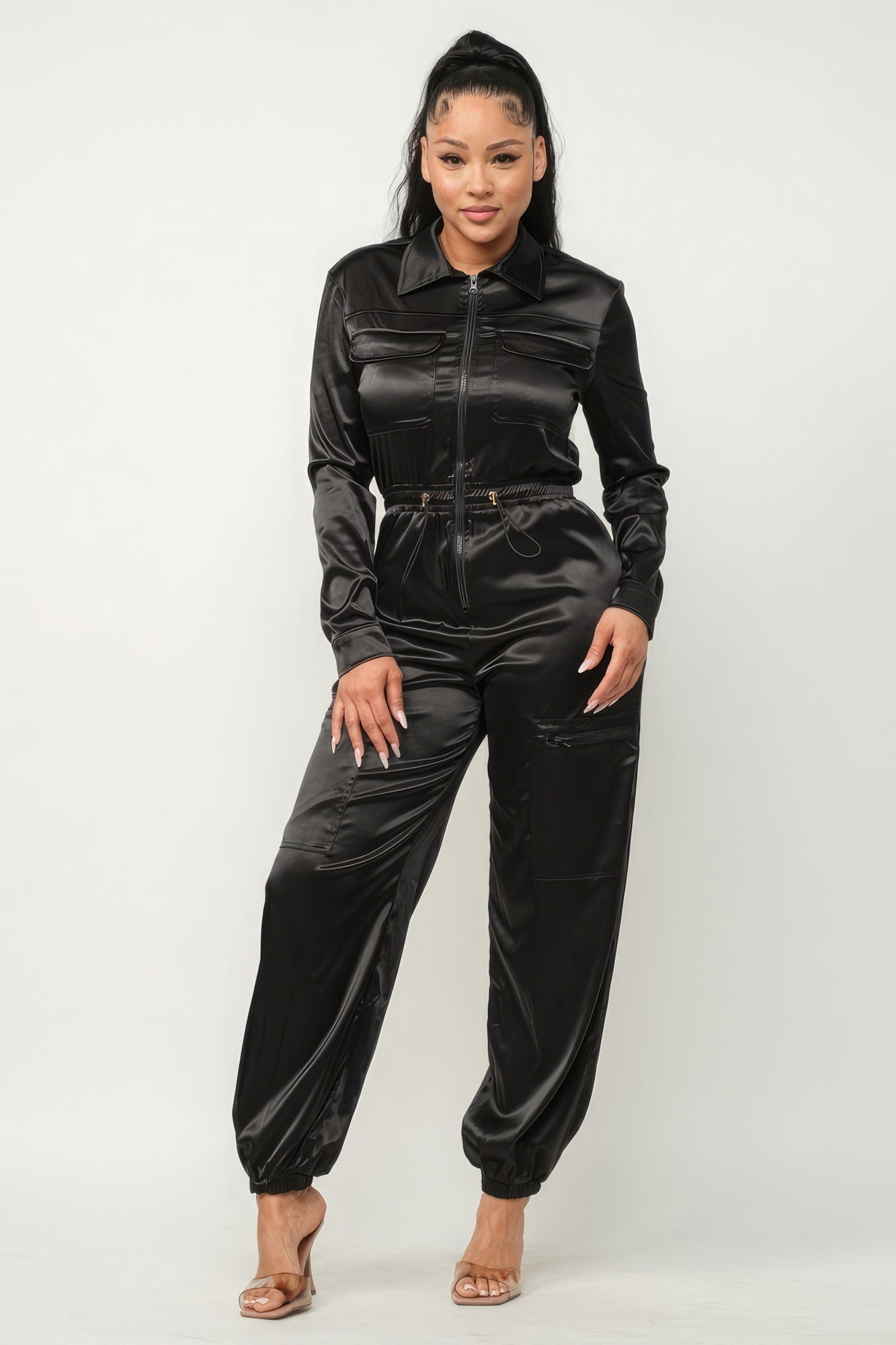 Front Zipper Pockets Top And Pants Jumpsuit - Supreme Deals