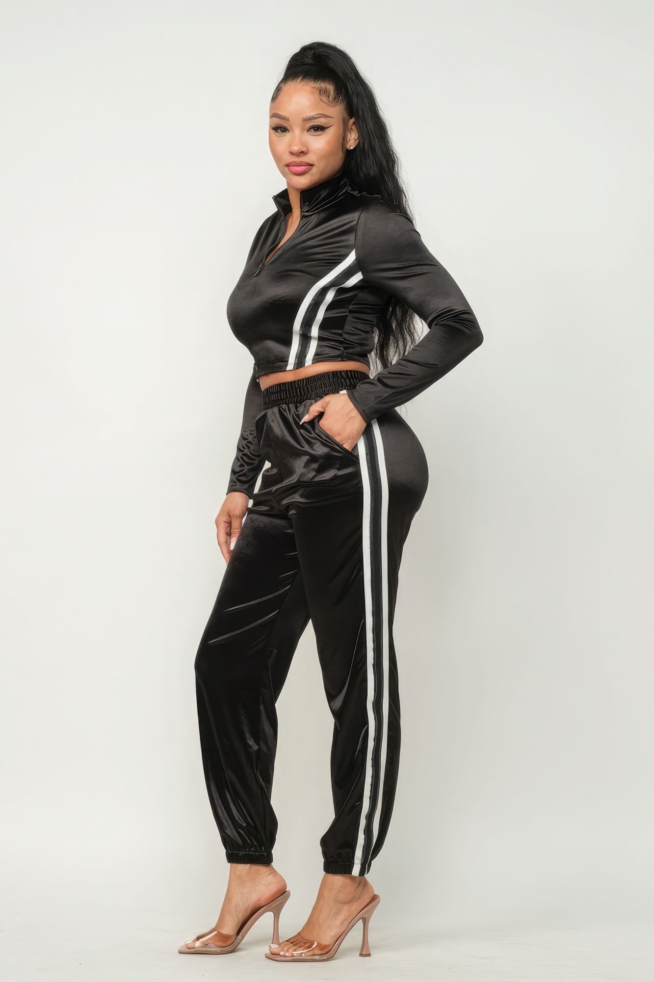 Front Zip Up Stripes Detail Jacket And Pants Set - Supreme Deals