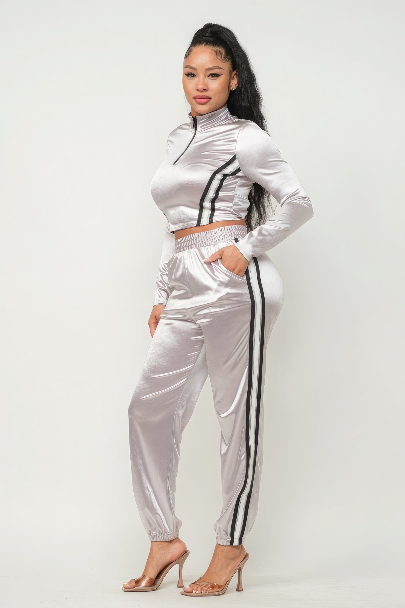 Front Zip Up Stripes Detail Jacket And Pants Set - Supreme Deals