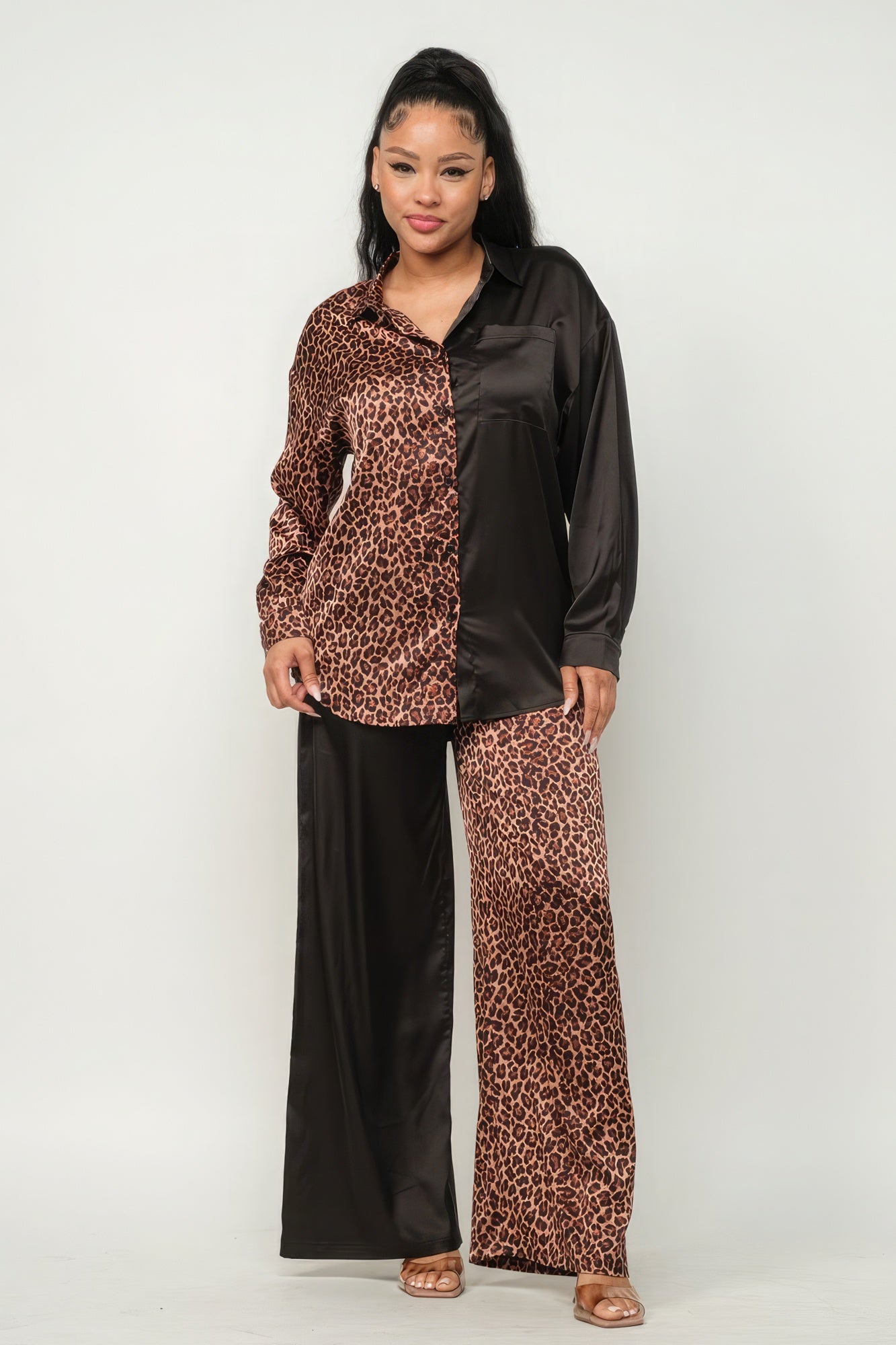 Half Animal Print And Half Solid Top And Pants Set - Supreme Deals