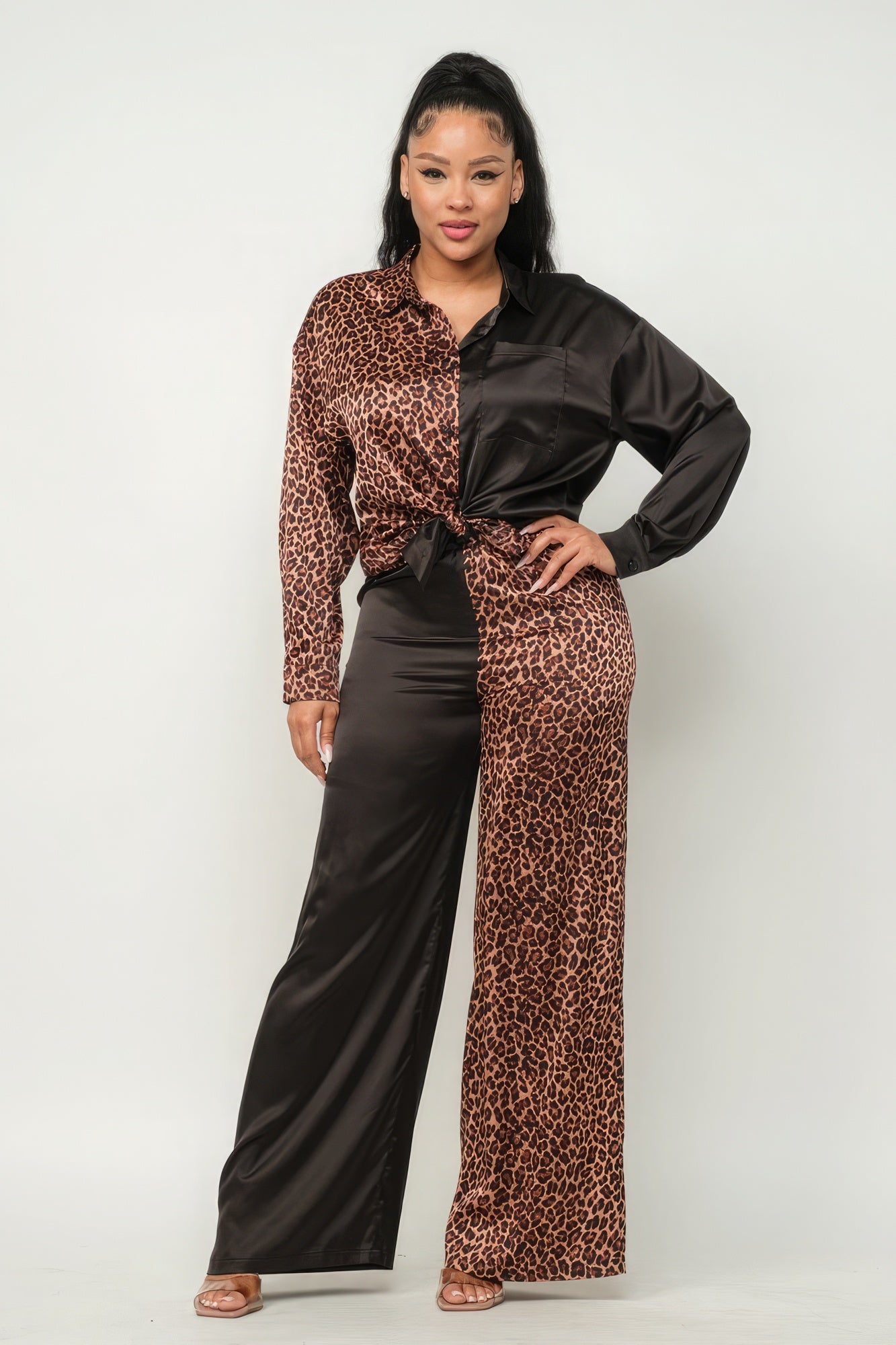 Half Animal Print And Half Solid Top And Pants Set - Supreme Deals