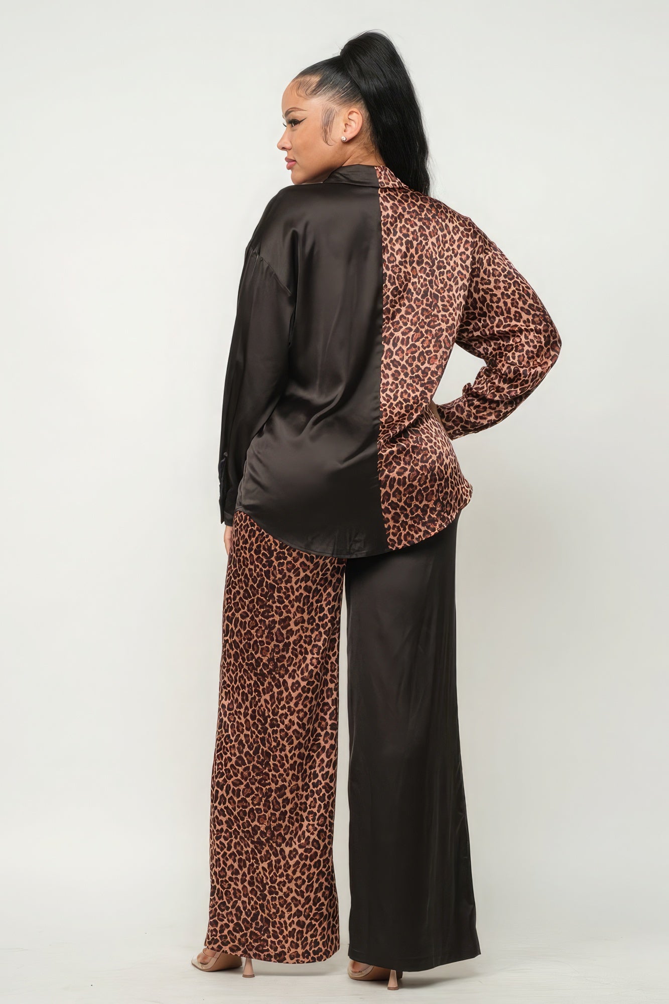 Half Animal Print And Half Solid Top And Pants Set - Supreme Deals